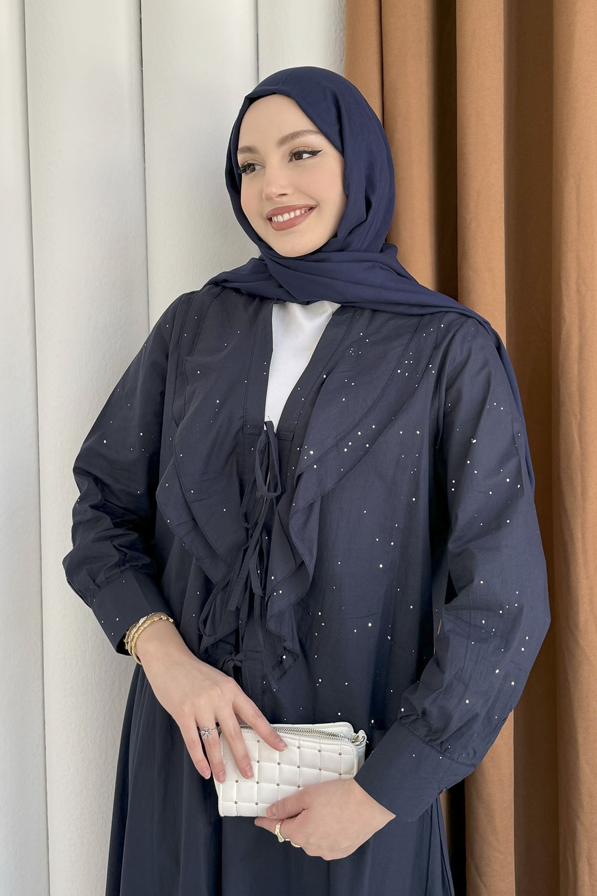 Önü Fırfırlı Taş Süslemeli Etekli Tesettür Takım-LACİVERT