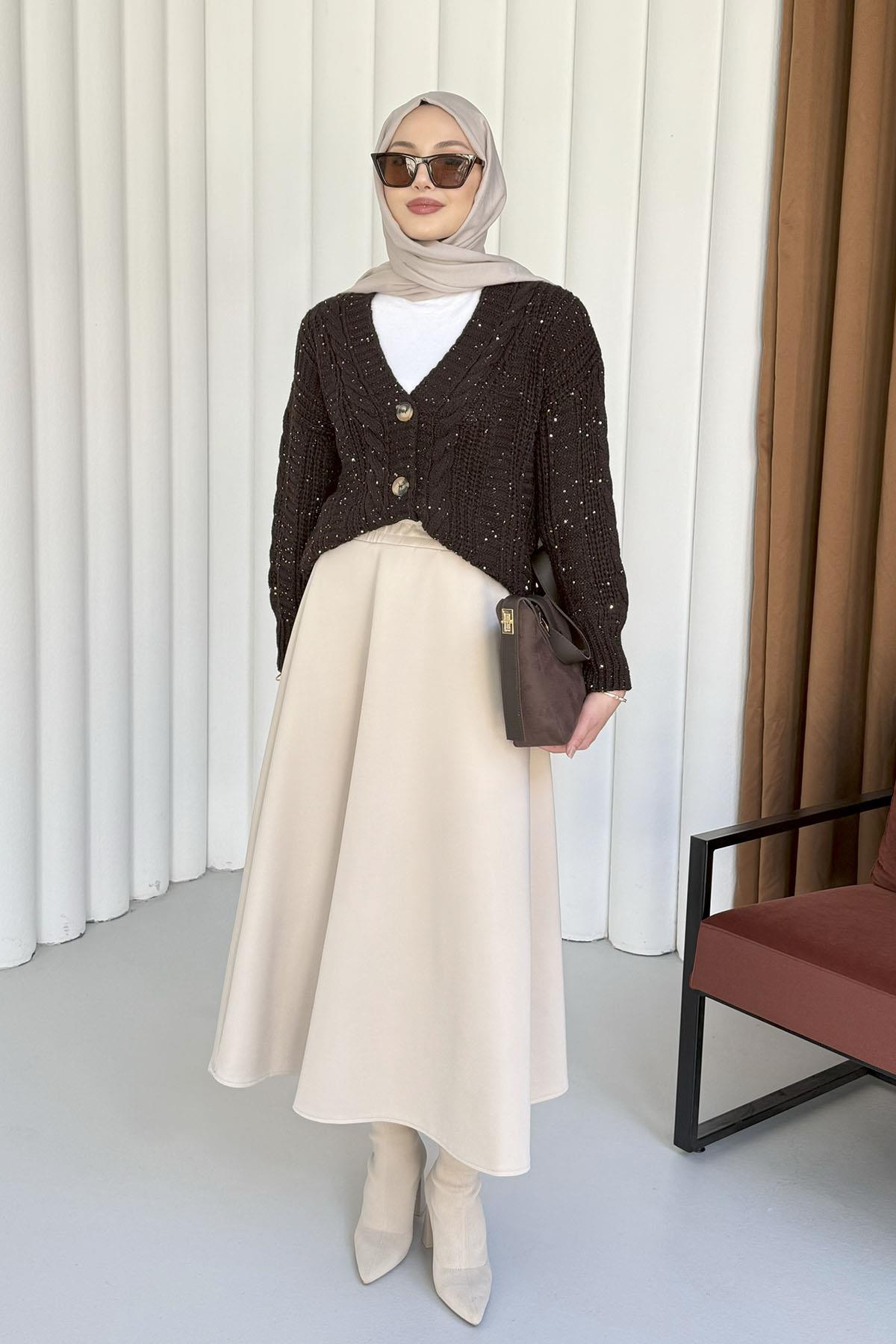 Örgü Detaylı Dört Düğmeli Balon Kol Triko Hırka-KAHVERENGİ