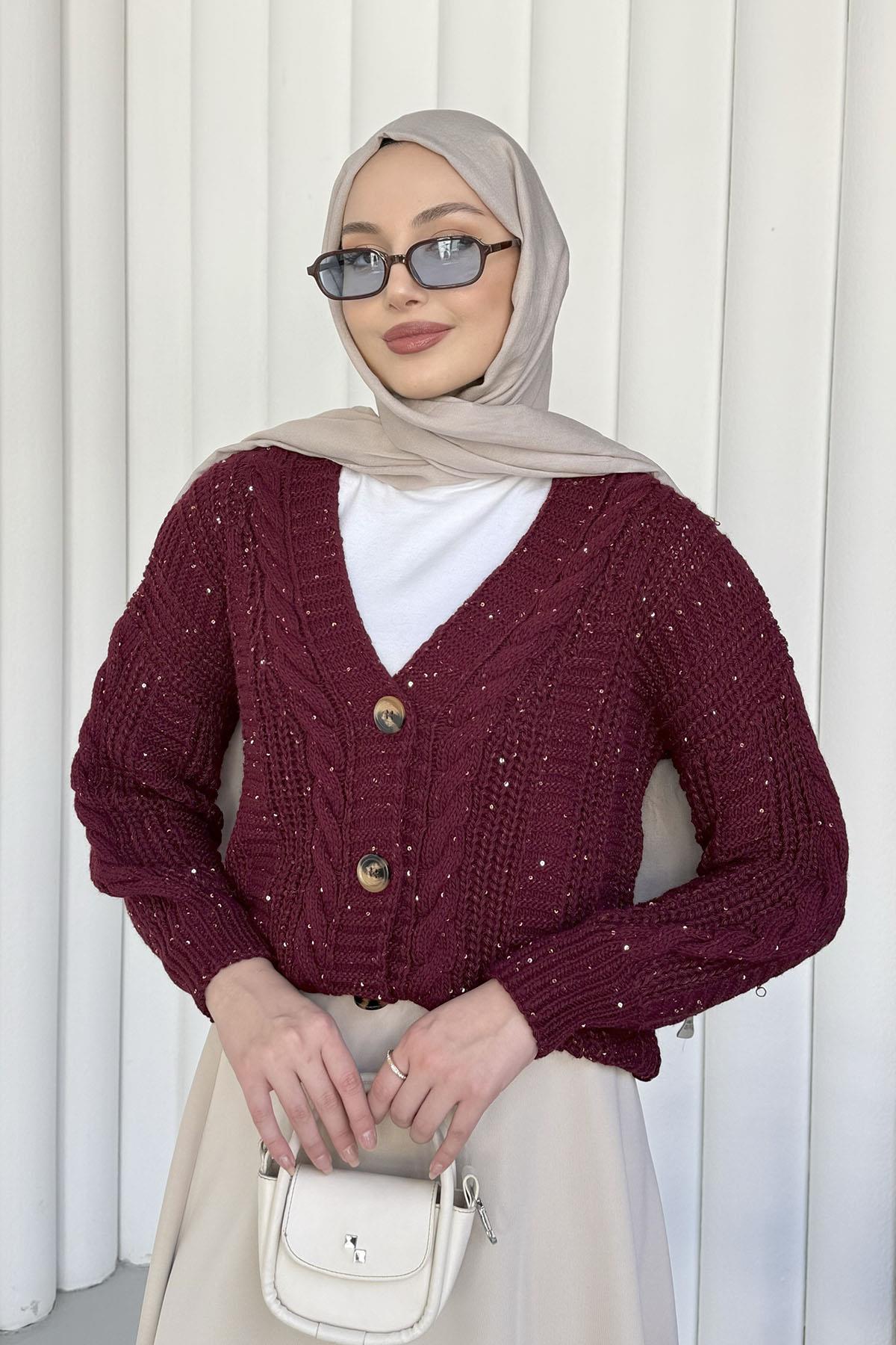 Örgü Detaylı Dört Düğmeli Balon Kol Triko Hırka-BORDO