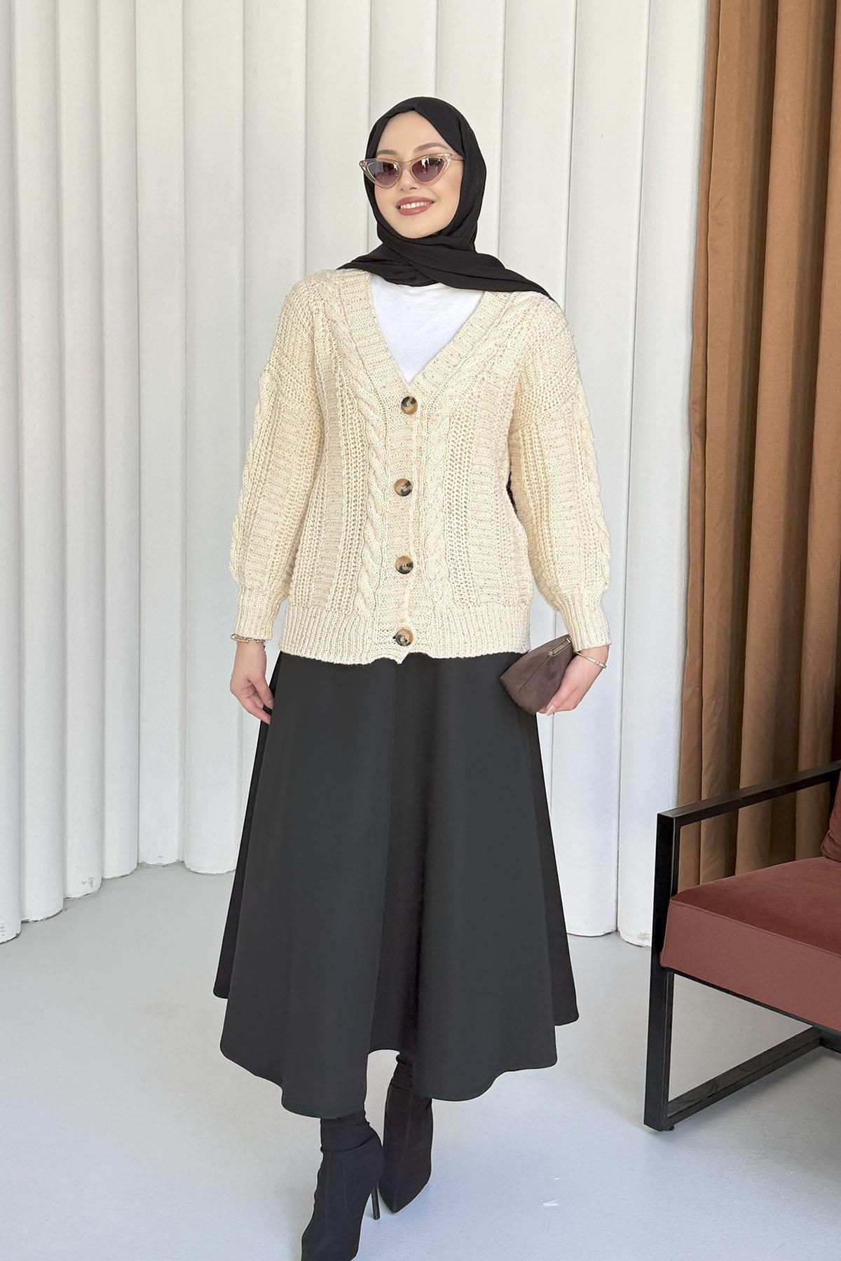 Örgü Detaylı Dört Düğmeli Balon Kol Triko Hırka-EKRU