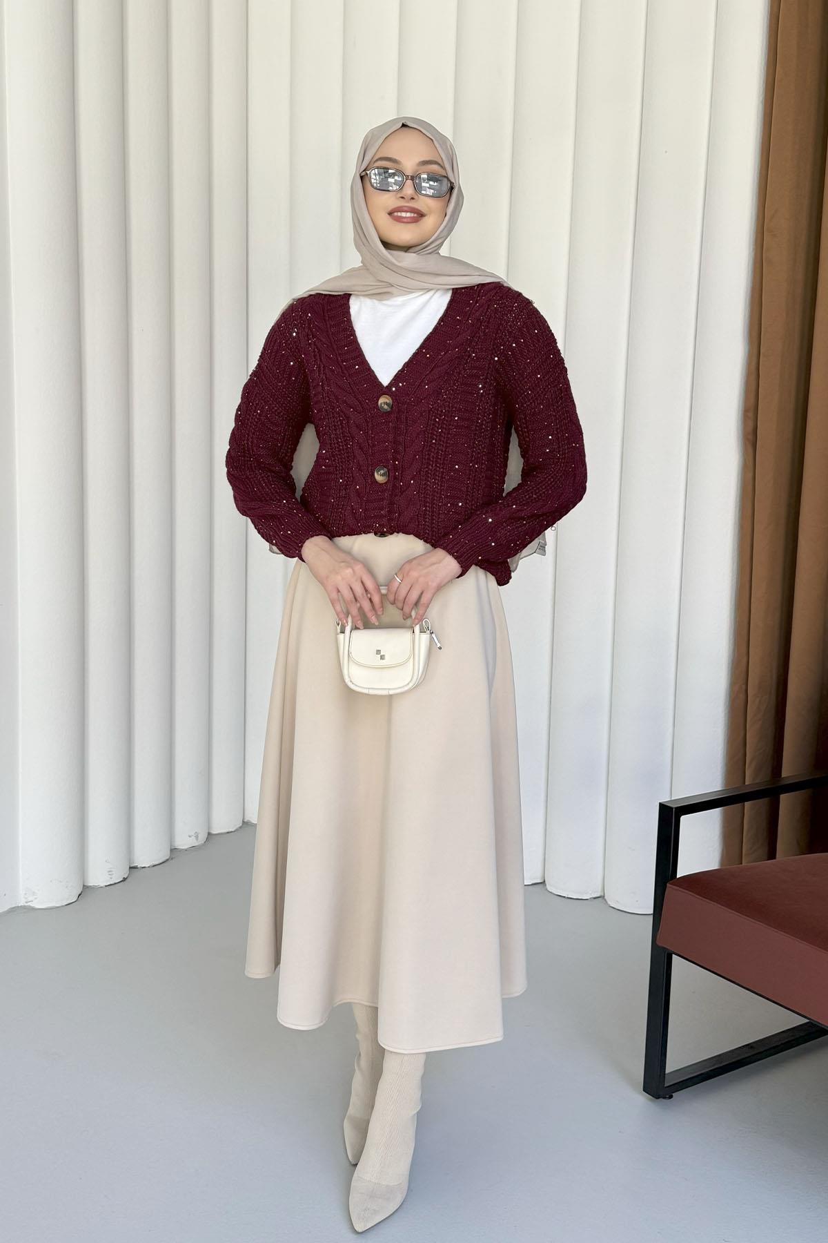 Örgü Detaylı Dört Düğmeli Balon Kol Triko Hırka-BORDO