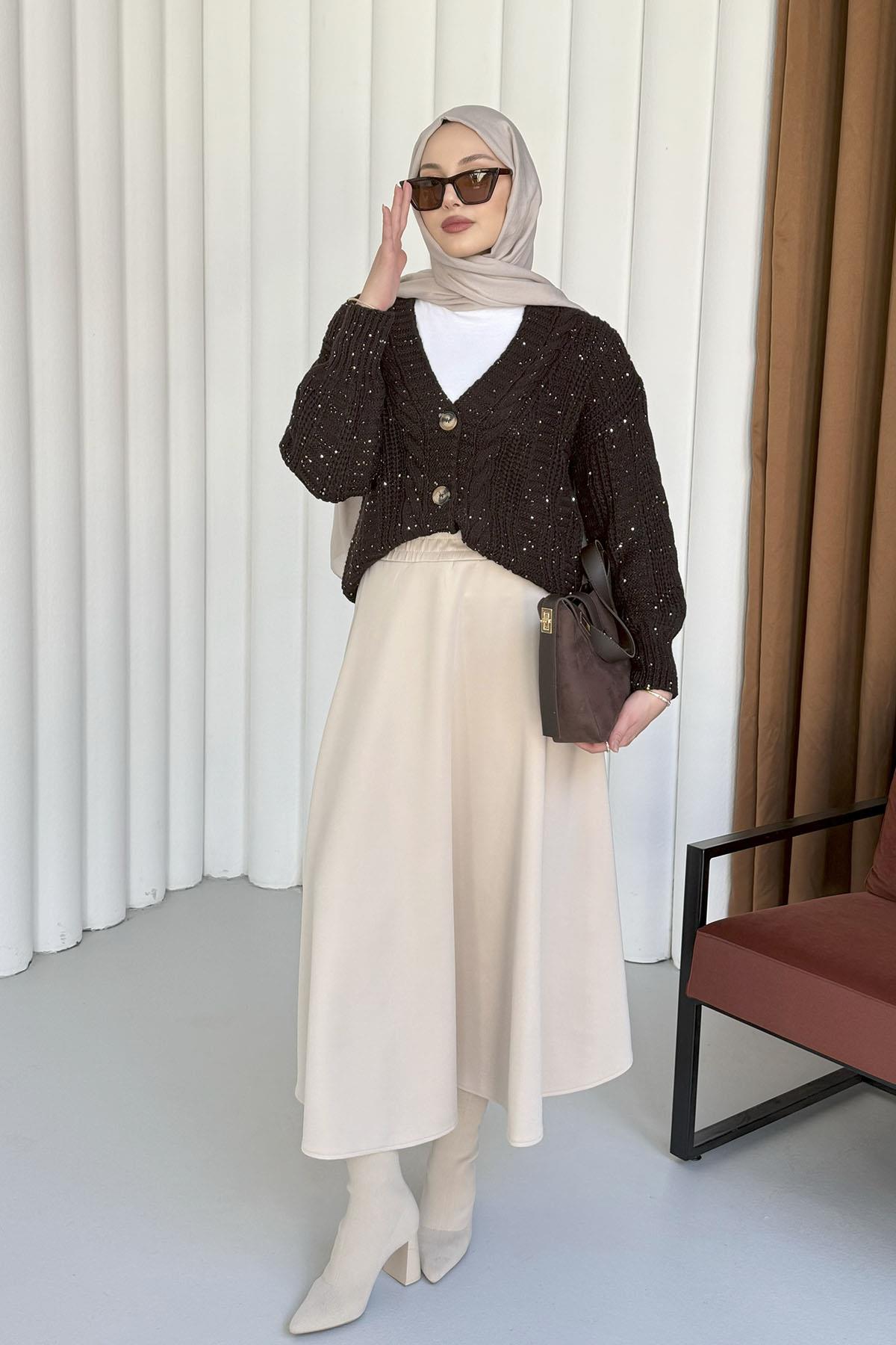 Örgü Detaylı Dört Düğmeli Balon Kol Triko Hırka-KAHVERENGİ