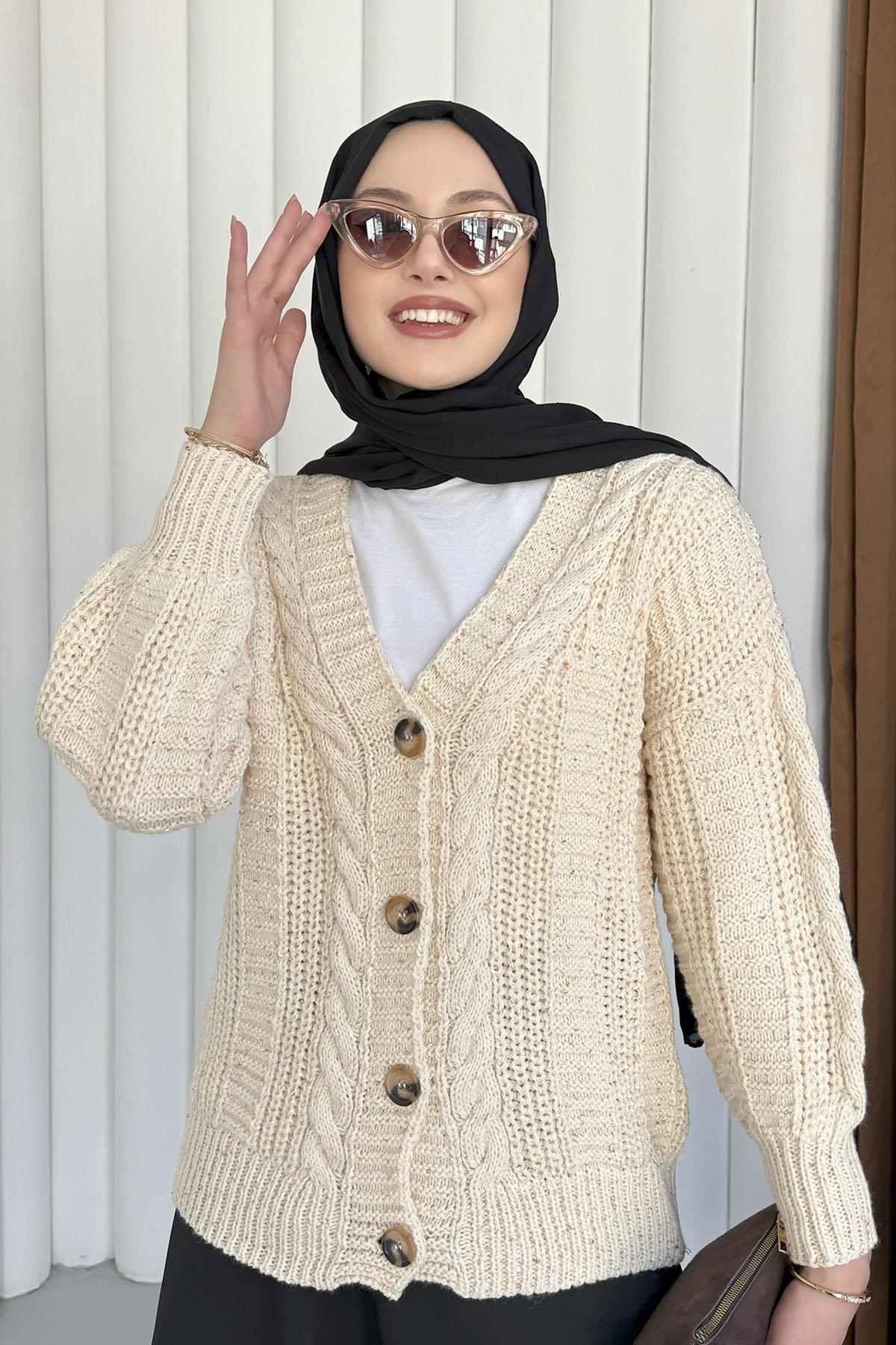 Örgü Detaylı Dört Düğmeli Balon Kol Triko Hırka-EKRU