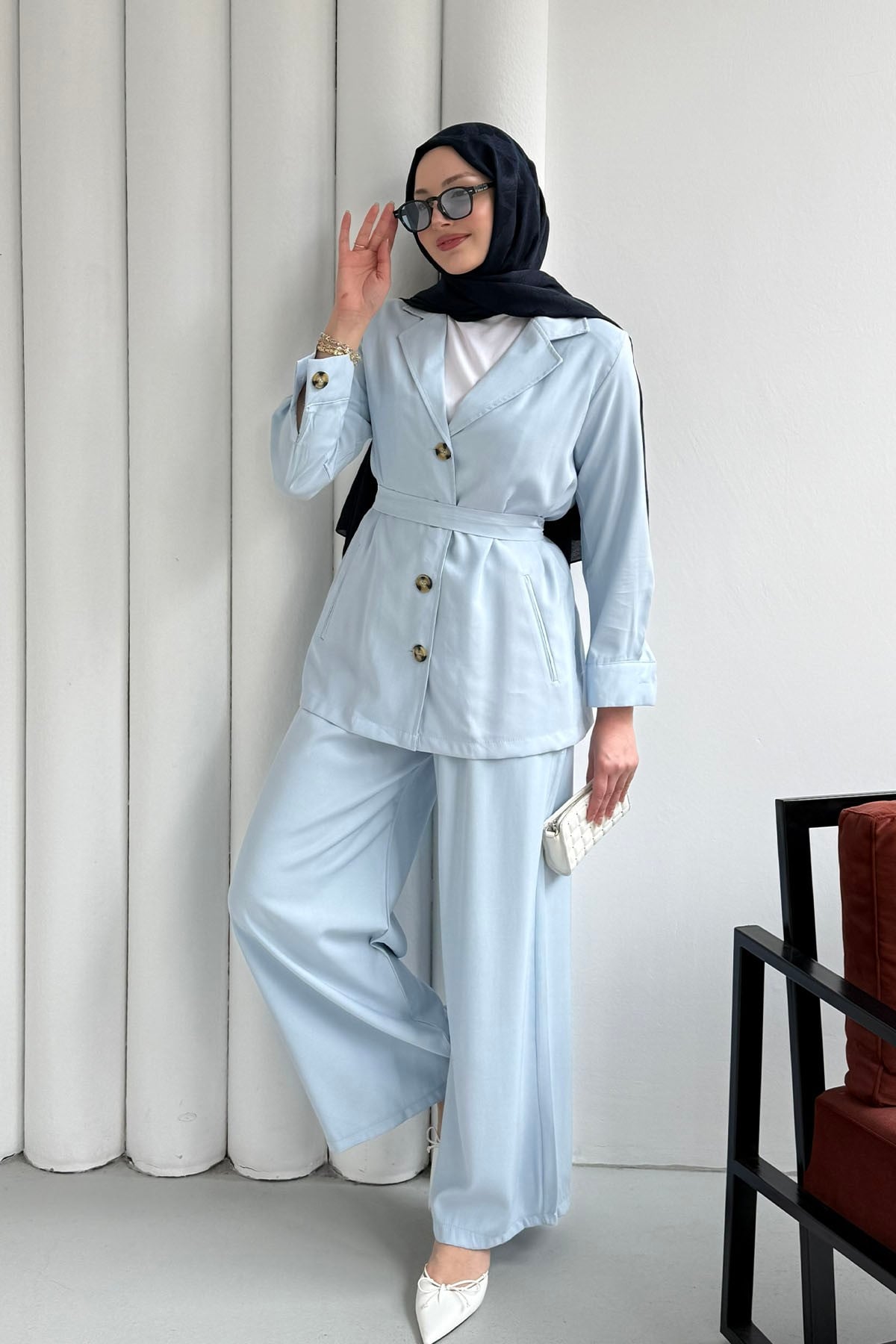 Oversize Ceket Pantolon Tesettür Takım-BEBE MAVİ