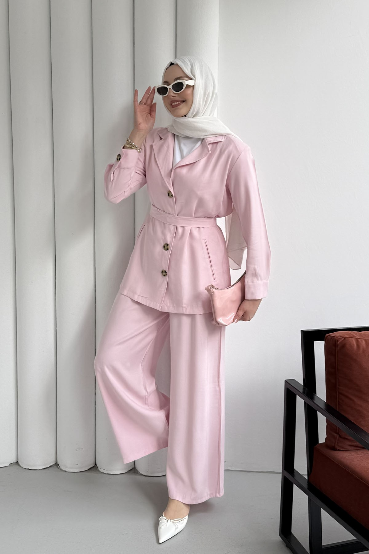 Oversize Ceket Pantolon Tesettür Takım-PEMBE
