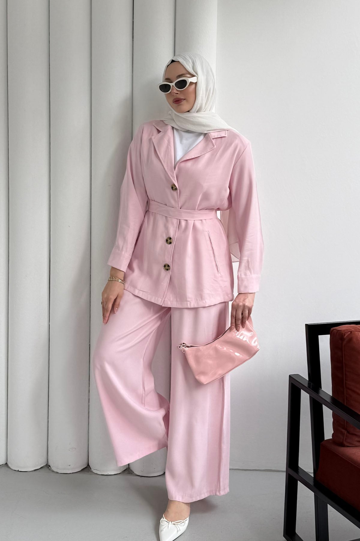 Oversize Ceket Pantolon Tesettür Takım-PEMBE