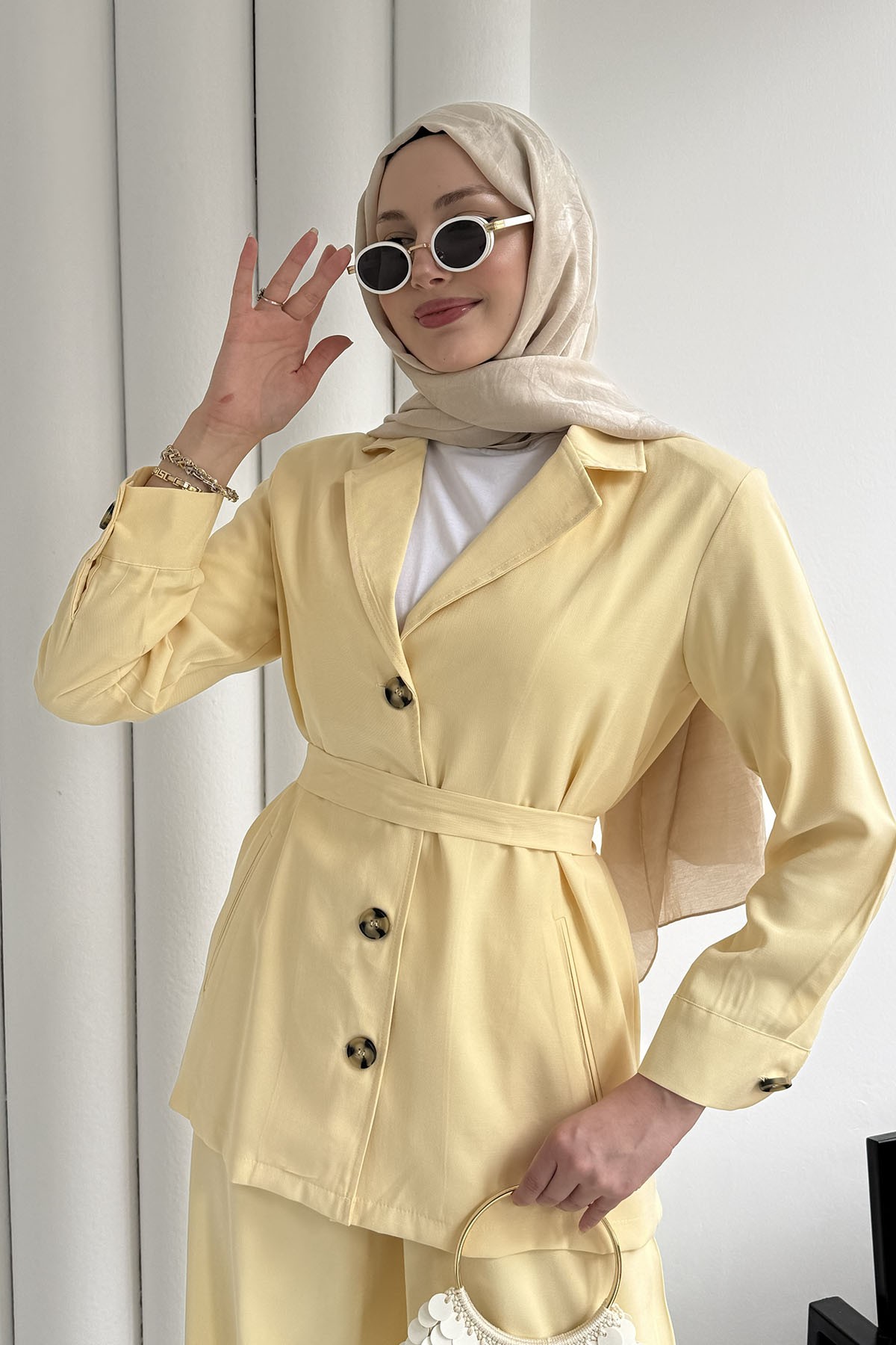Oversize Ceket Pantolon Tesettür Takım-SARI