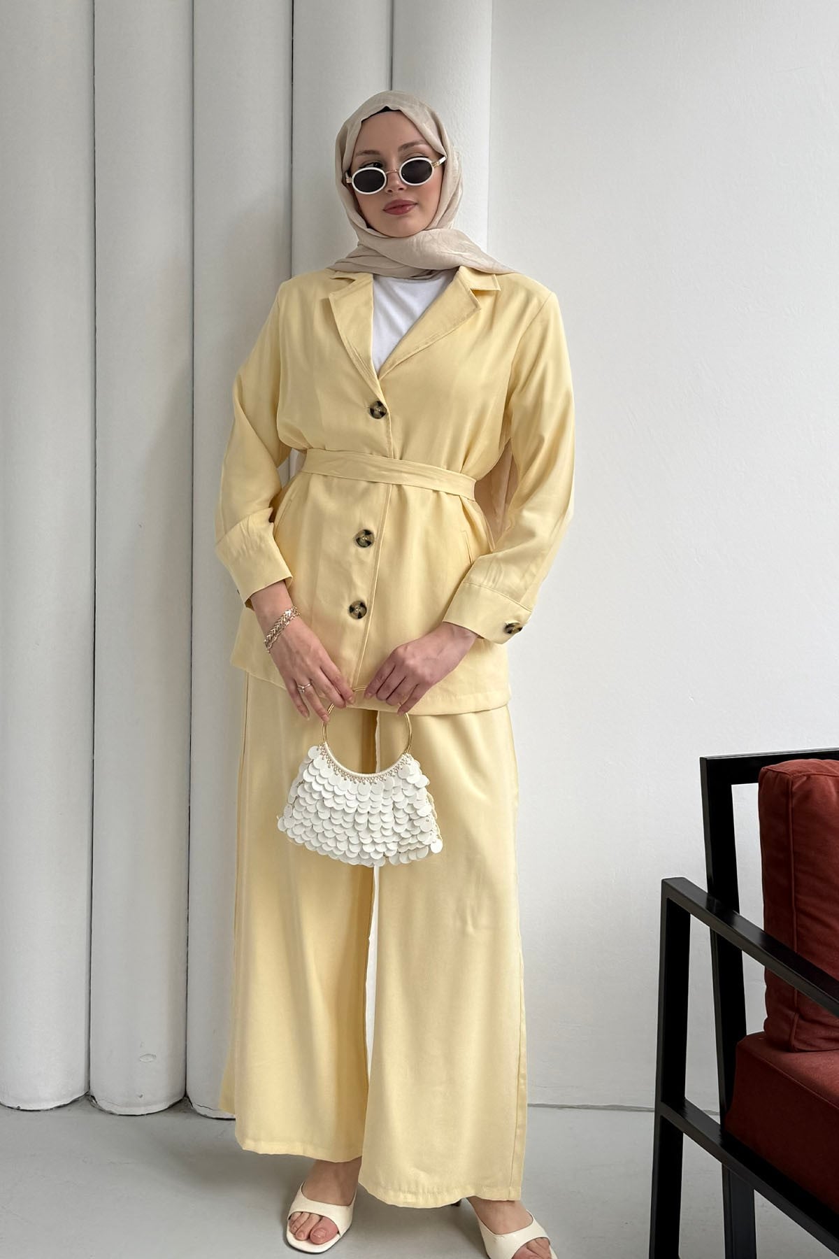 Oversize Ceket Pantolon Tesettür Takım-SARI