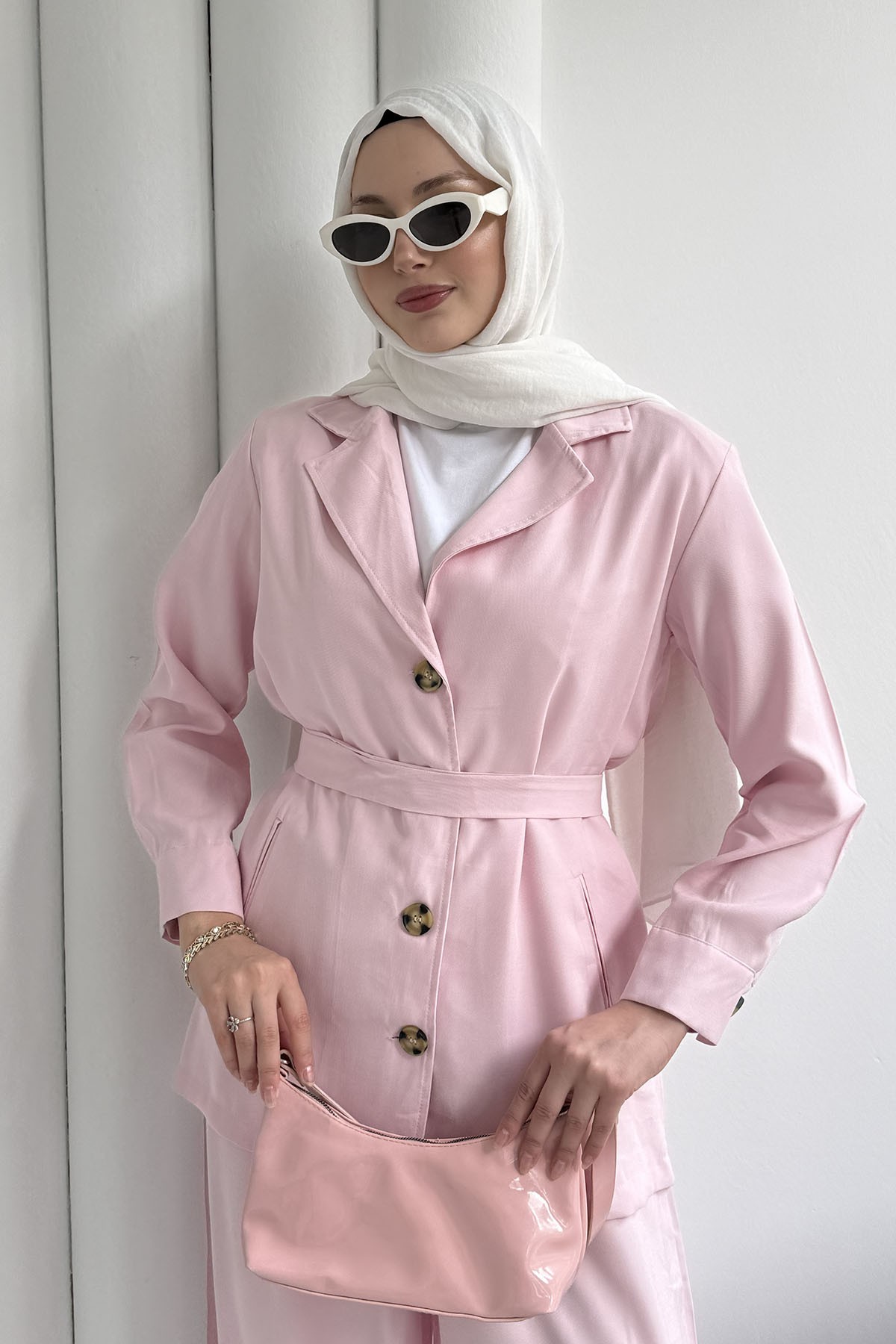 Oversize Ceket Pantolon Tesettür Takım-PEMBE