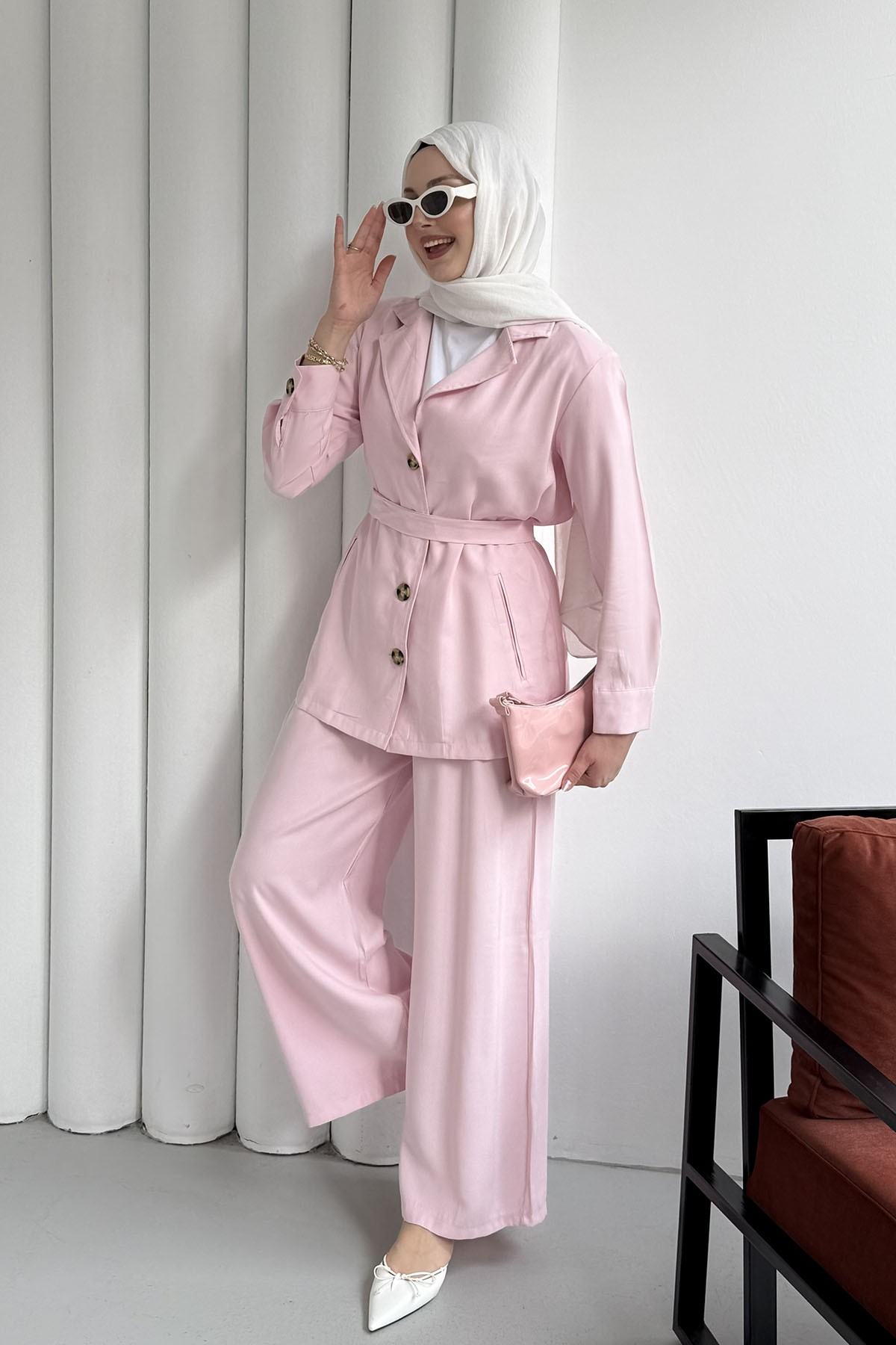 Oversize Ceket Pantolon Tesettür Takım-PEMBE
