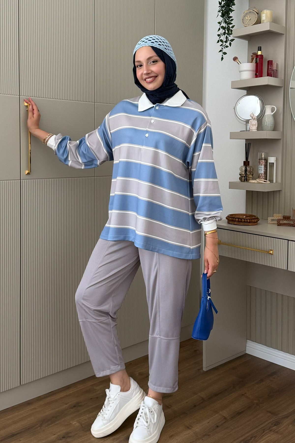 Oversize Çizgili Polo Yaka Pantolonlu Tesettür Takım-MAVİ