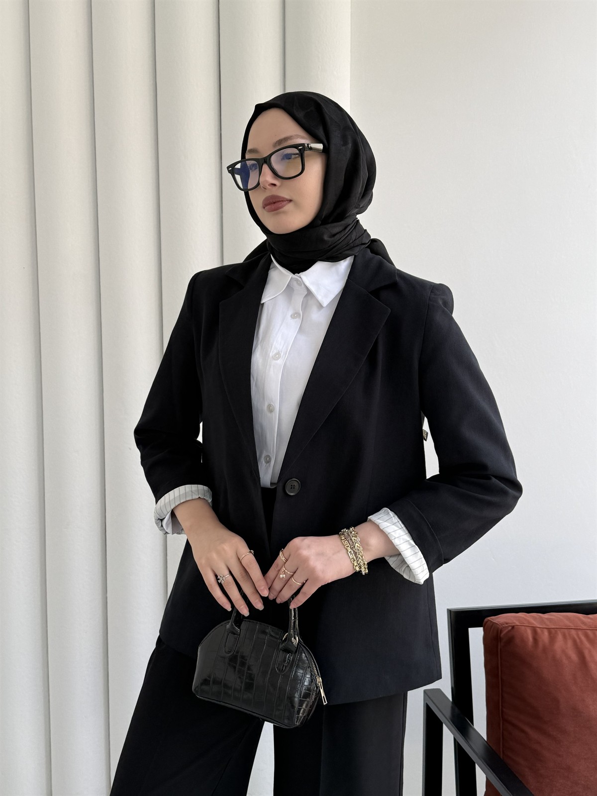 Oversize Dört Düğmeli Keten Blazer Ceket-SİYAH