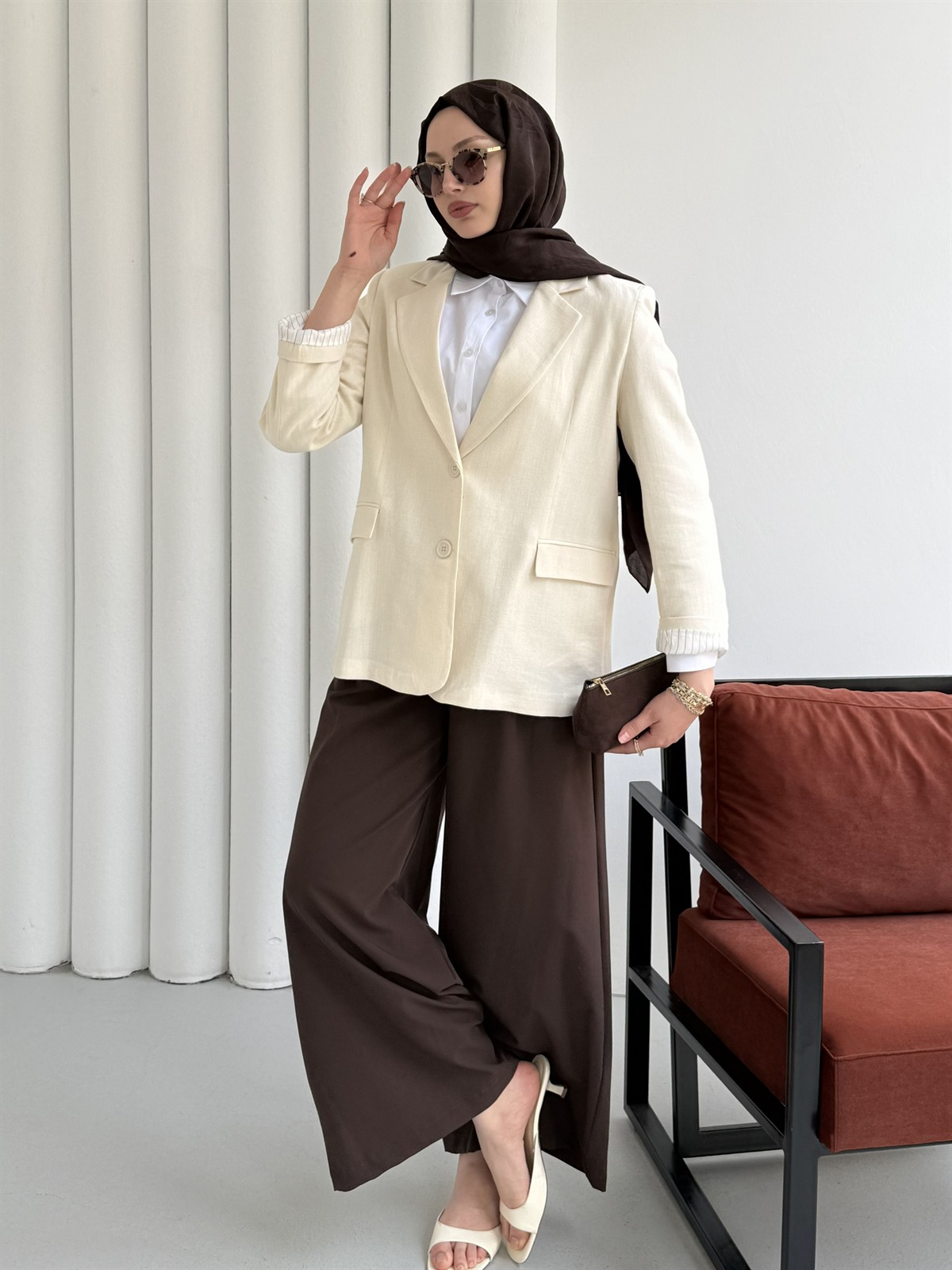 Oversize Dört Düğmeli Keten Blazer Ceket-EKRU