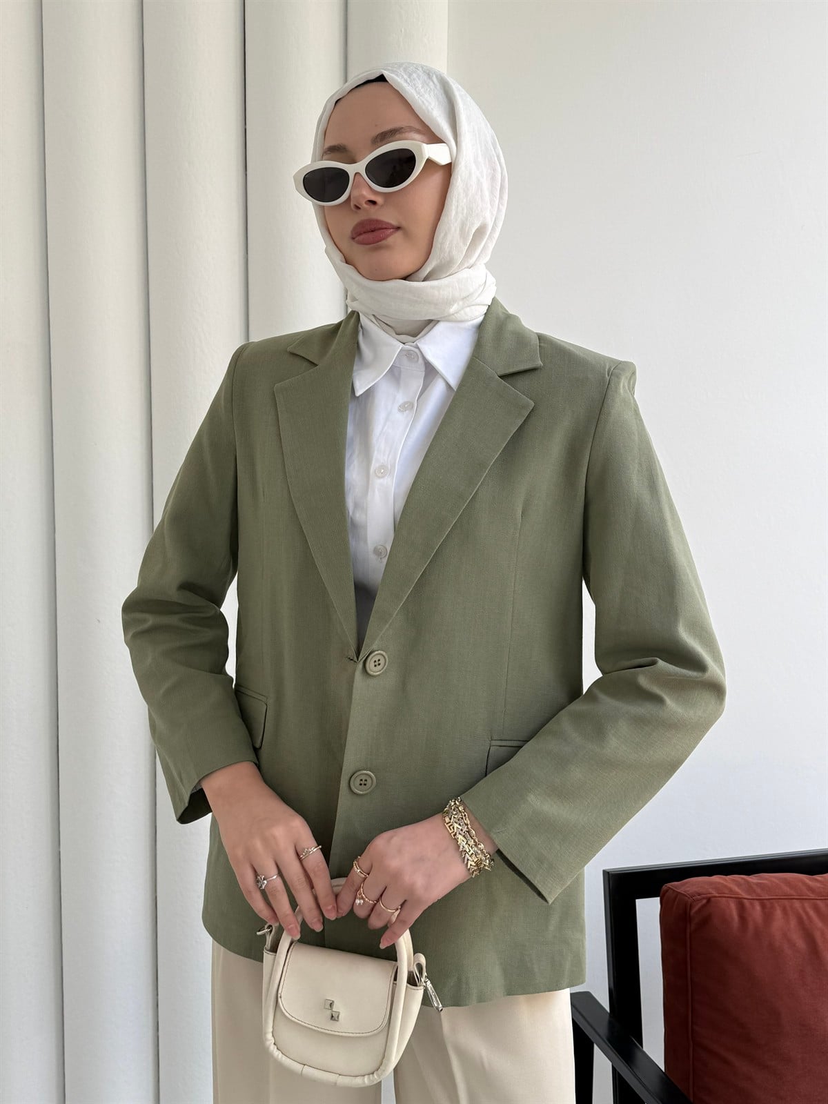 Oversize Dört Düğmeli Keten Blazer Ceket-MİNT YEŞİLİ