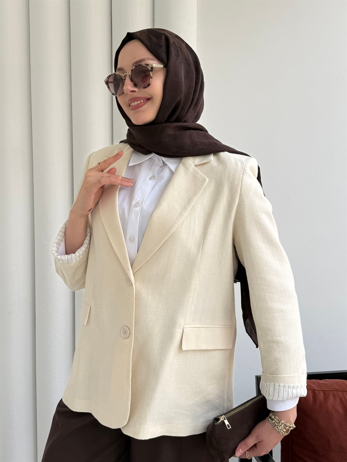 Oversize Dört Düğmeli Keten Blazer Ceket-EKRU
