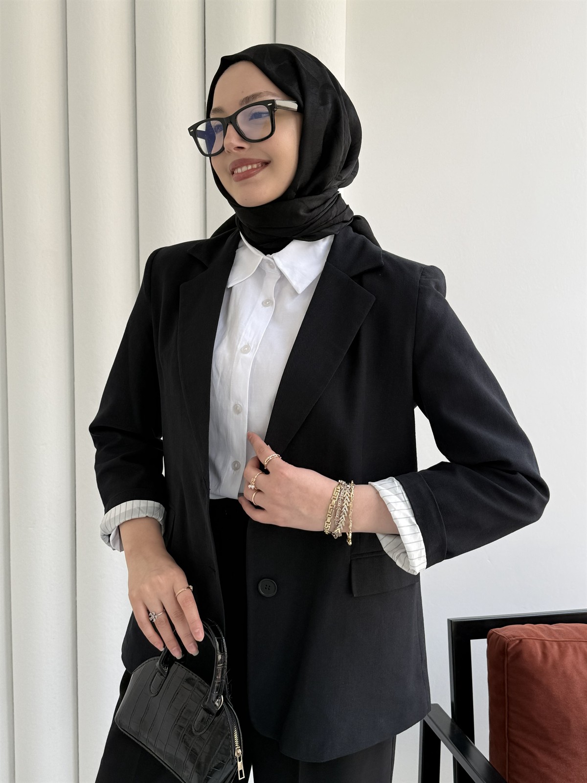 Oversize Dört Düğmeli Keten Blazer Ceket-SİYAH