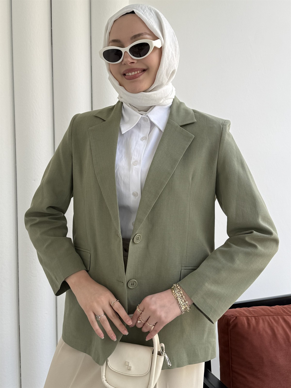 Oversize Dört Düğmeli Keten Blazer Ceket-MİNT YEŞİLİ