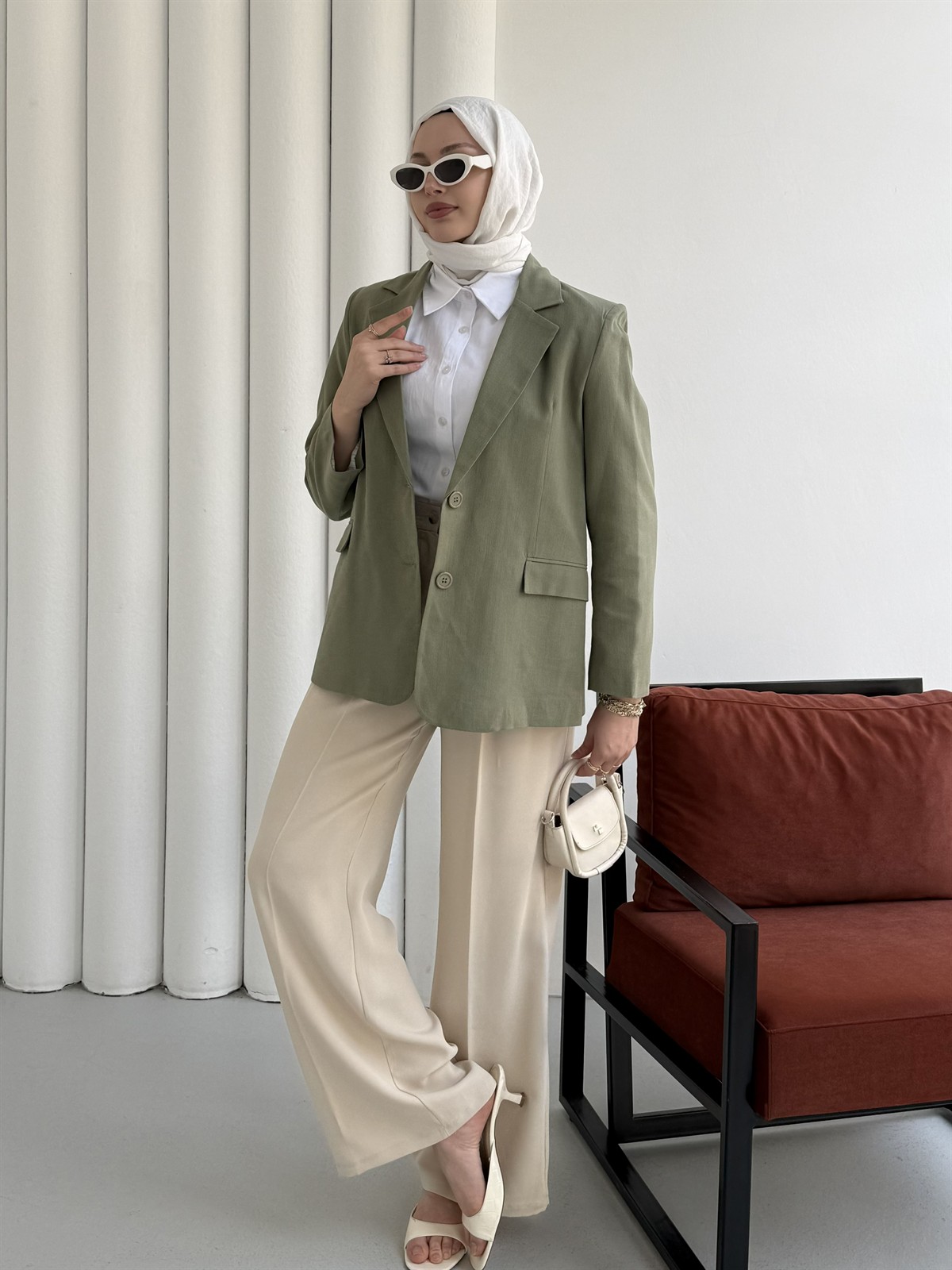 Oversize Dört Düğmeli Keten Blazer Ceket-MİNT YEŞİLİ