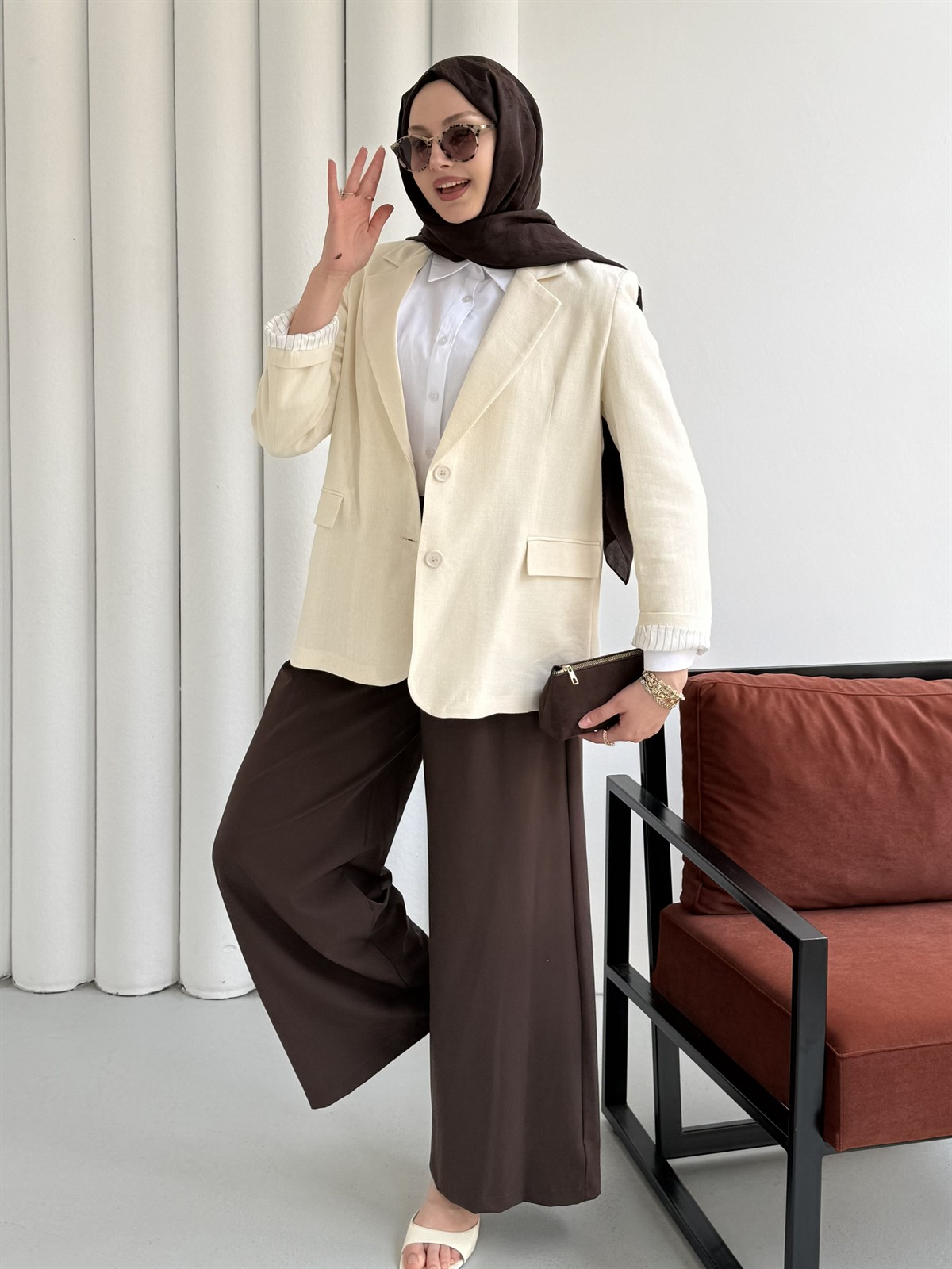 Oversize Dört Düğmeli Keten Blazer Ceket-EKRU