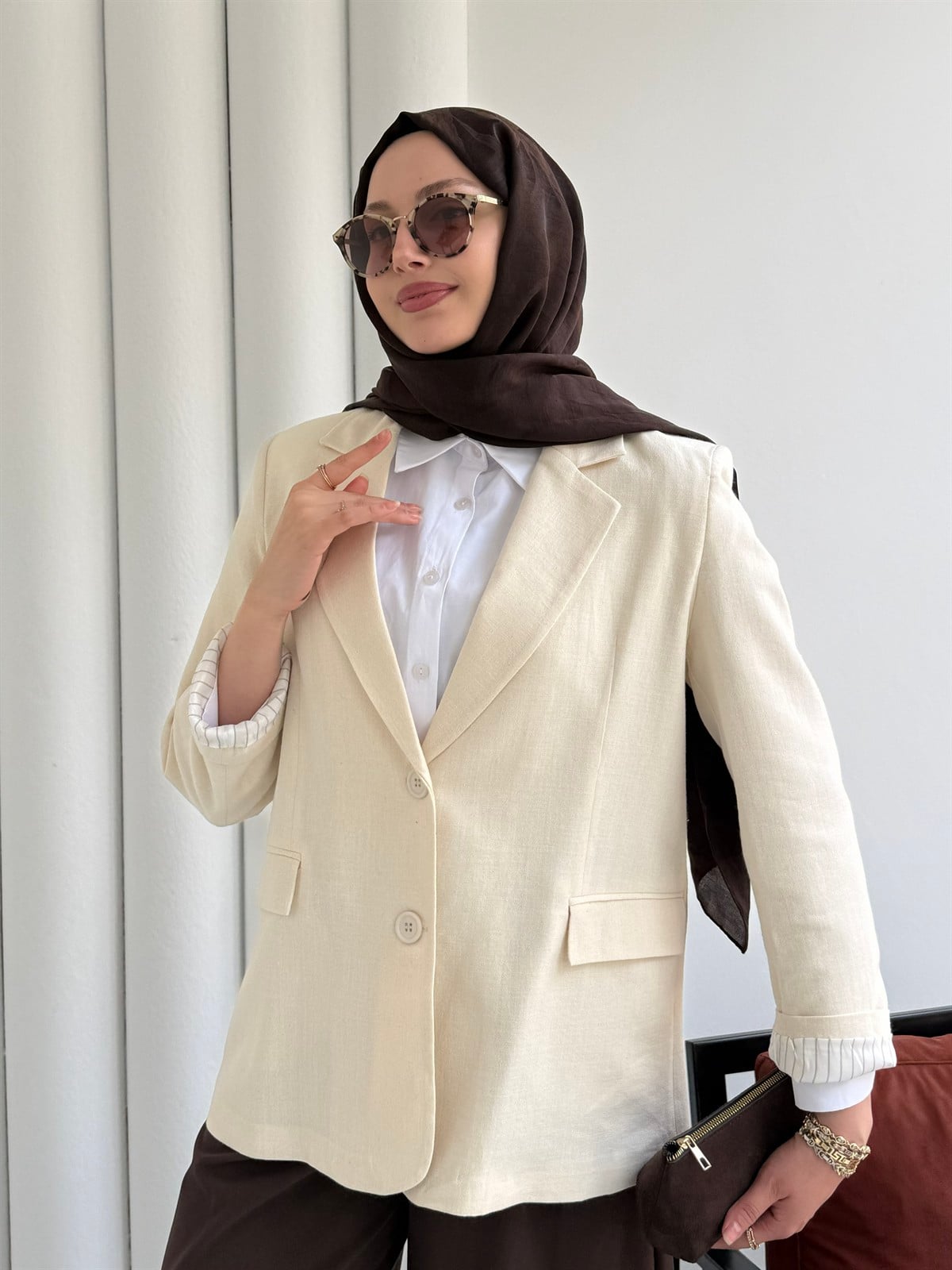 Oversize Dört Düğmeli Keten Blazer Ceket-EKRU