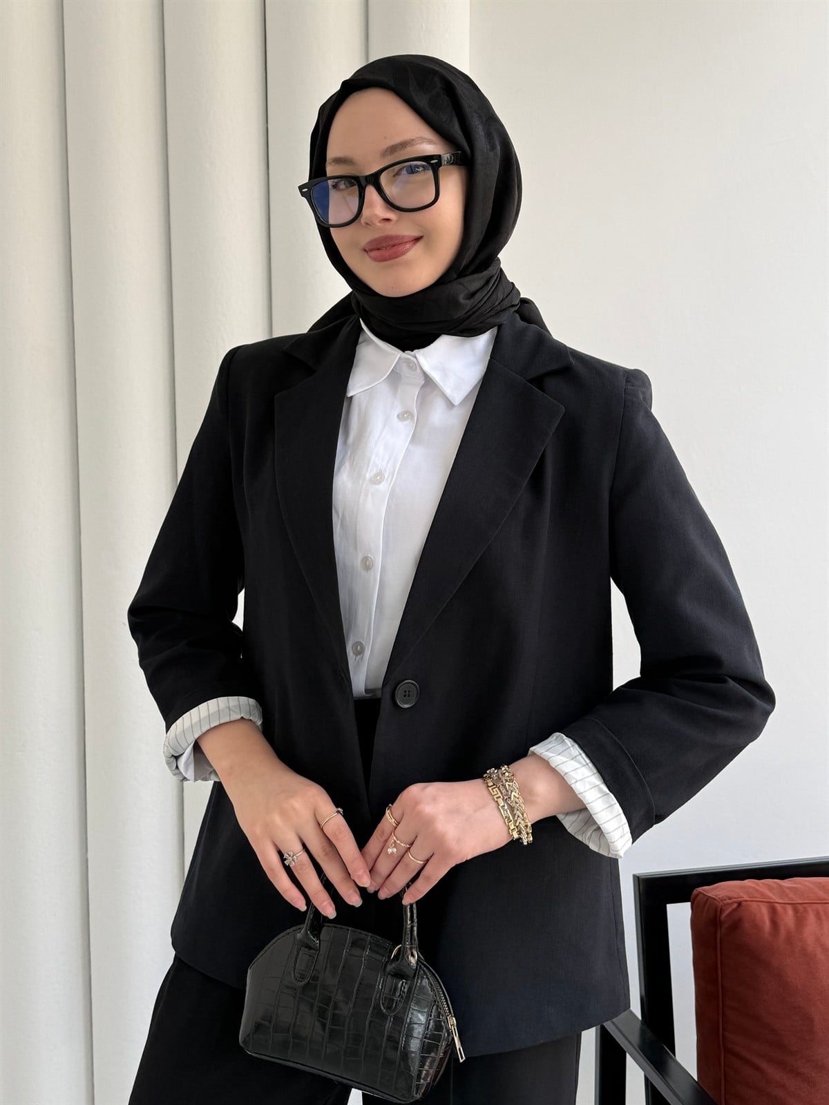 Oversize Dört Düğmeli Keten Blazer Ceket-SİYAH