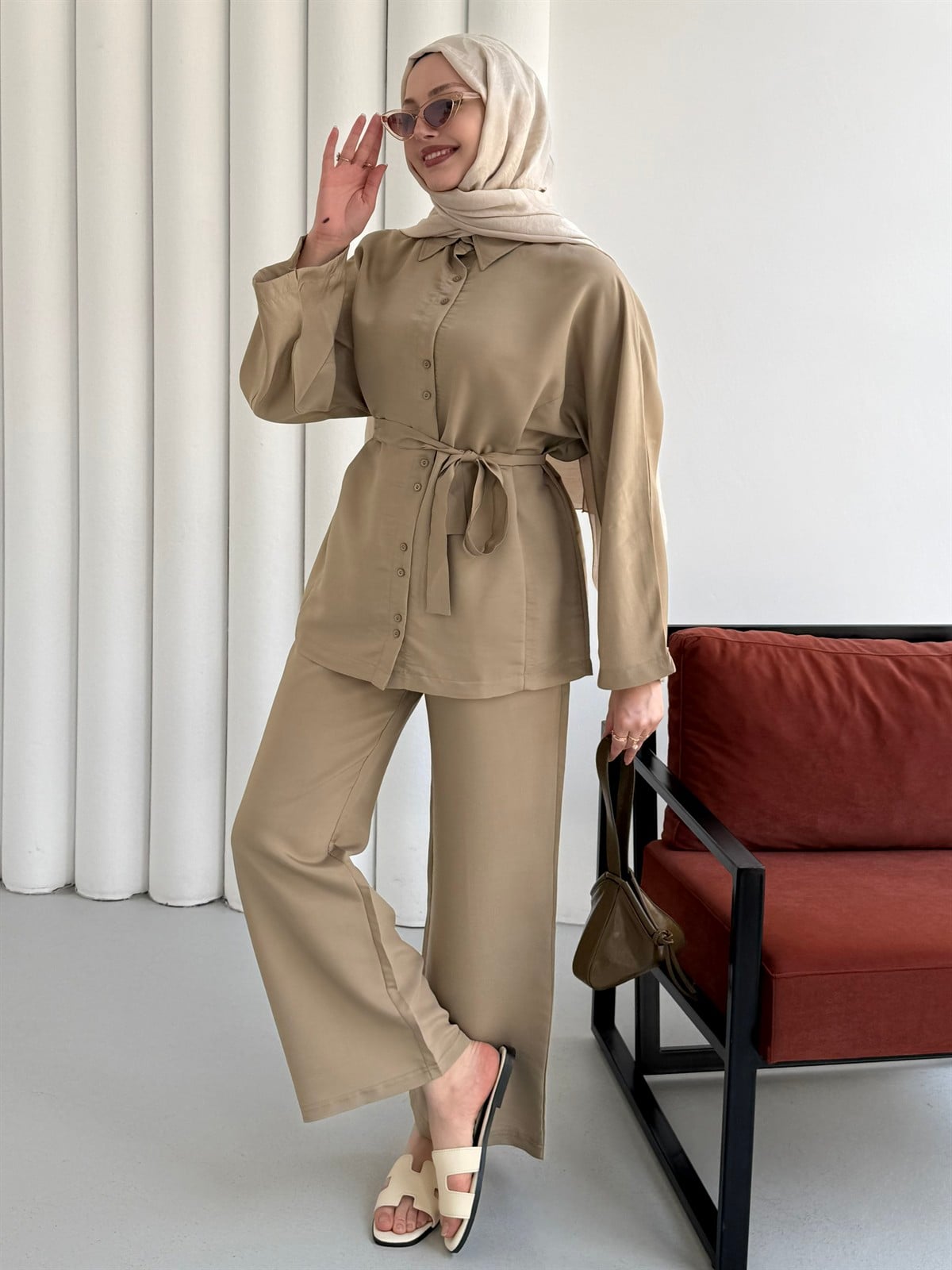 Oversize Gömlek Pantolon Tesettür Takım-TAŞ