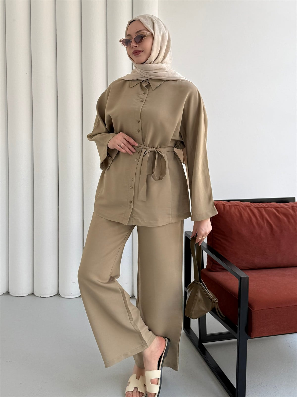 Oversize Gömlek Pantolon Tesettür Takım-TAŞ