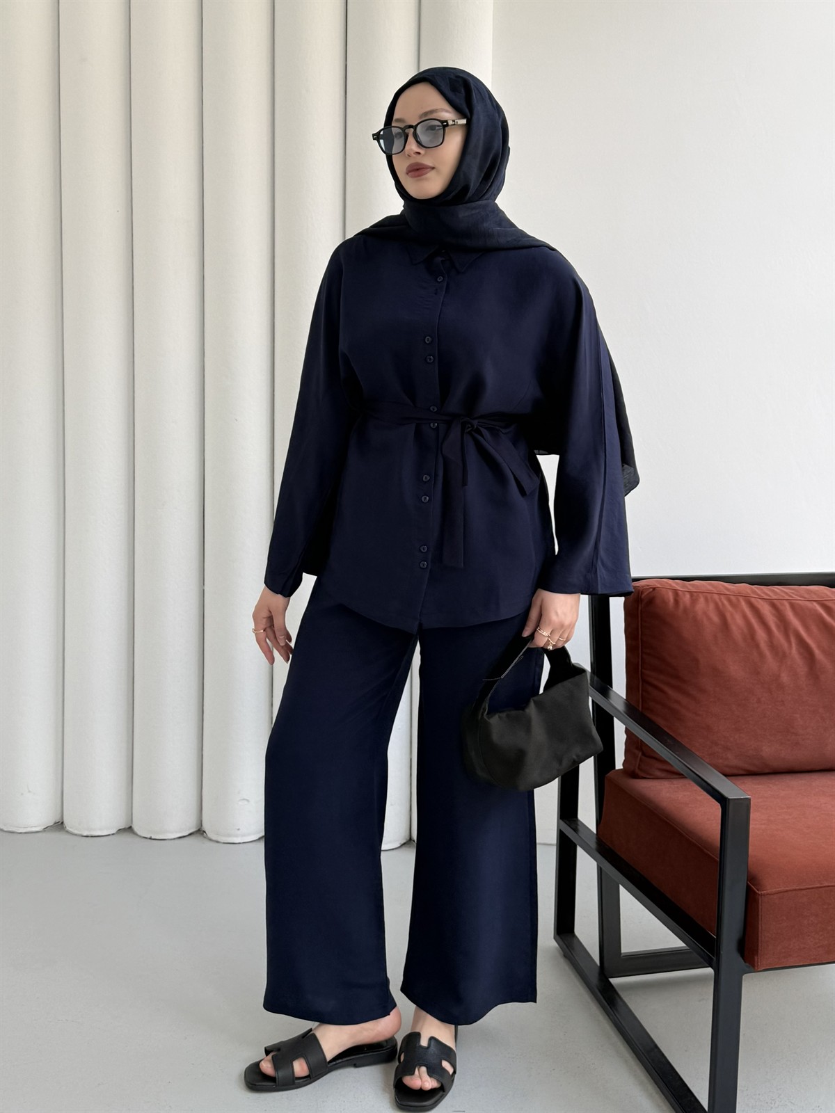Oversize Gömlek Pantolon Tesettür Takım-LACİVERT