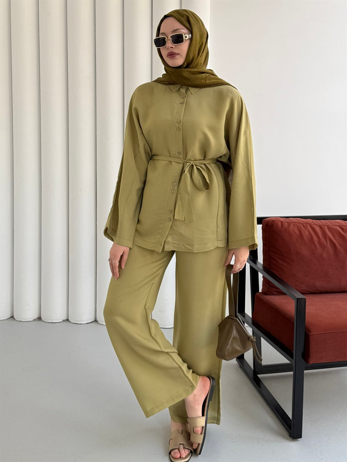 Oversize Gömlek Pantolon Tesettür Takım-YAĞ YEŞİLİ