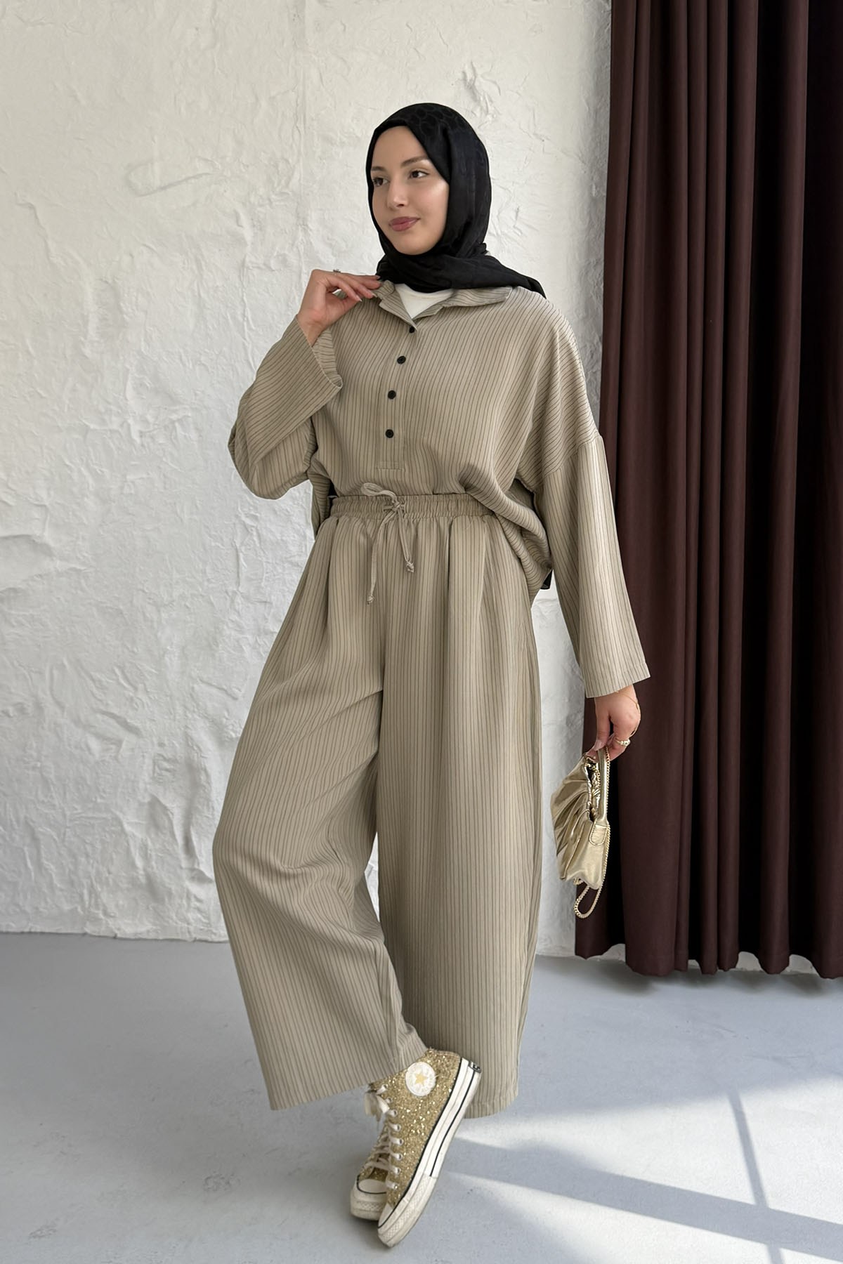 Oversize Gömlekli Pantolonlu Tesettür Takım-VİZON