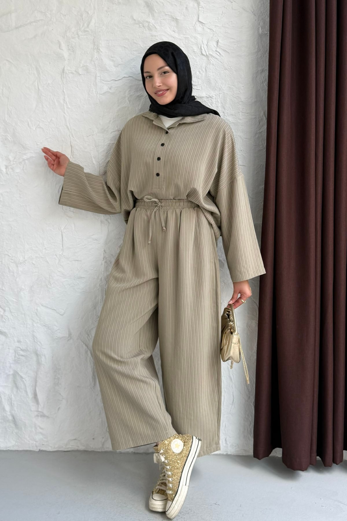 Oversize Gömlekli Pantolonlu Tesettür Takım-VİZON
