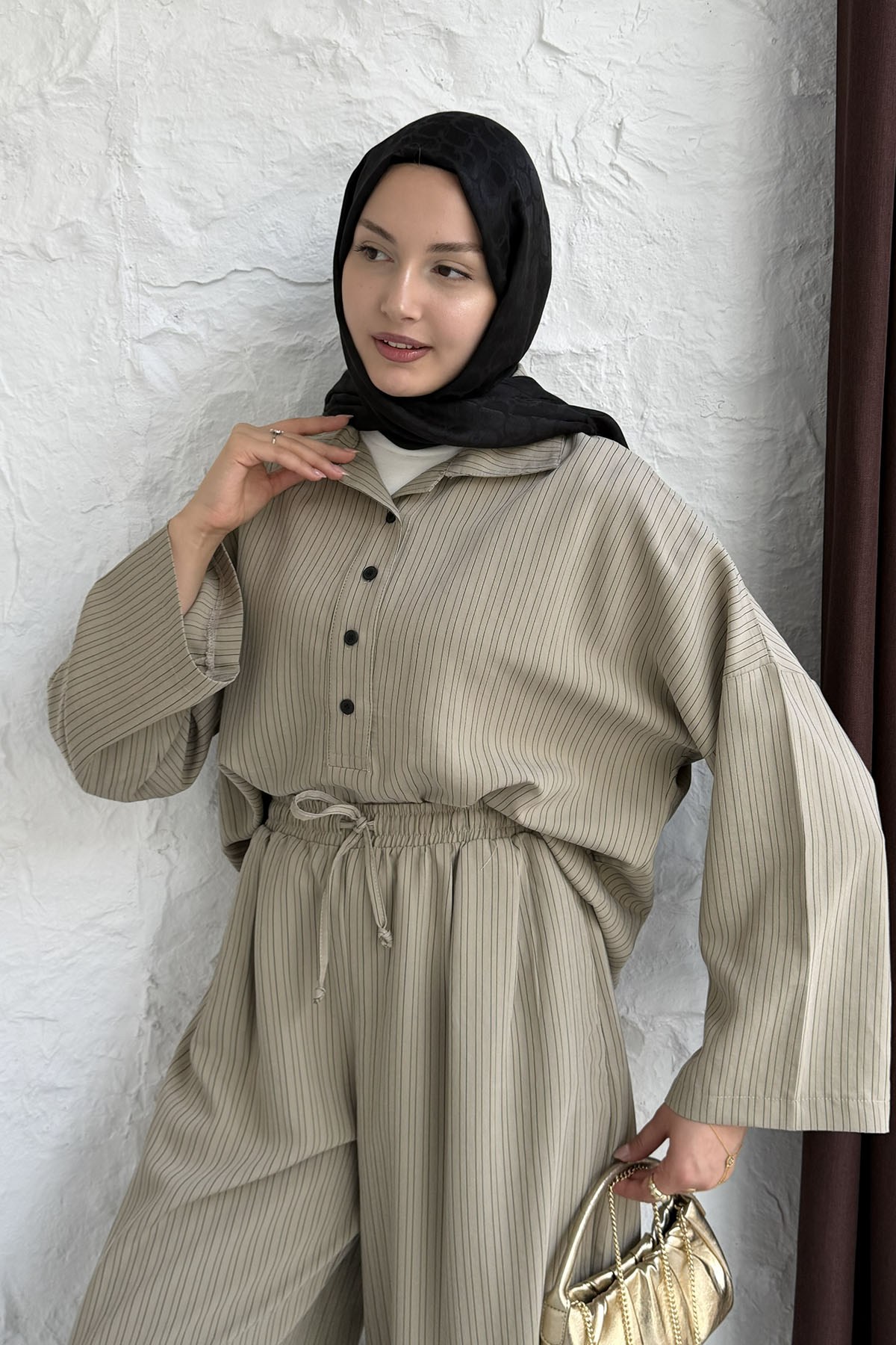 Oversize Gömlekli Pantolonlu Tesettür Takım-VİZON