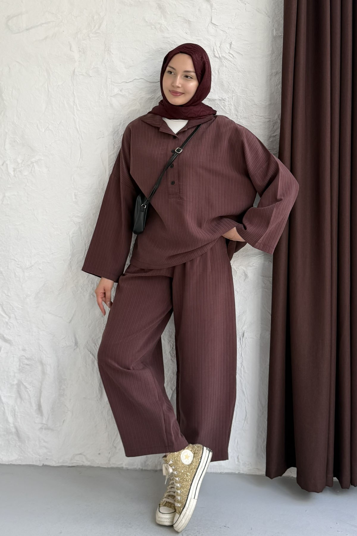 Oversize Gömlekli Pantolonlu Tesettür Takım-MÜRDÜM