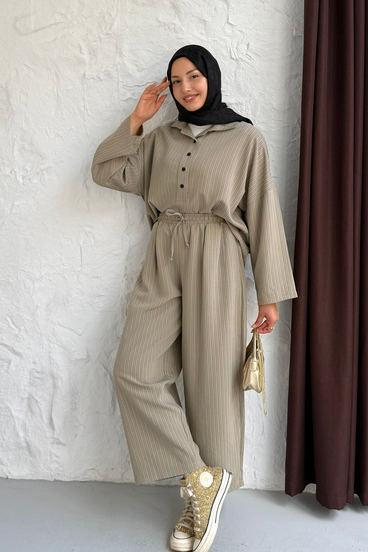 Oversize Gömlekli Pantolonlu Tesettür Takım-VİZON