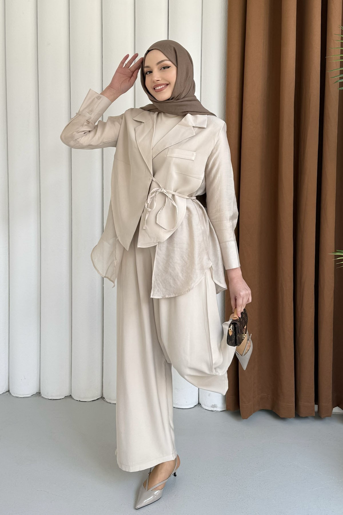 Oversize Şifon & Tül Detaylı Ceket Pantolon Tesettür Takım-TAŞ