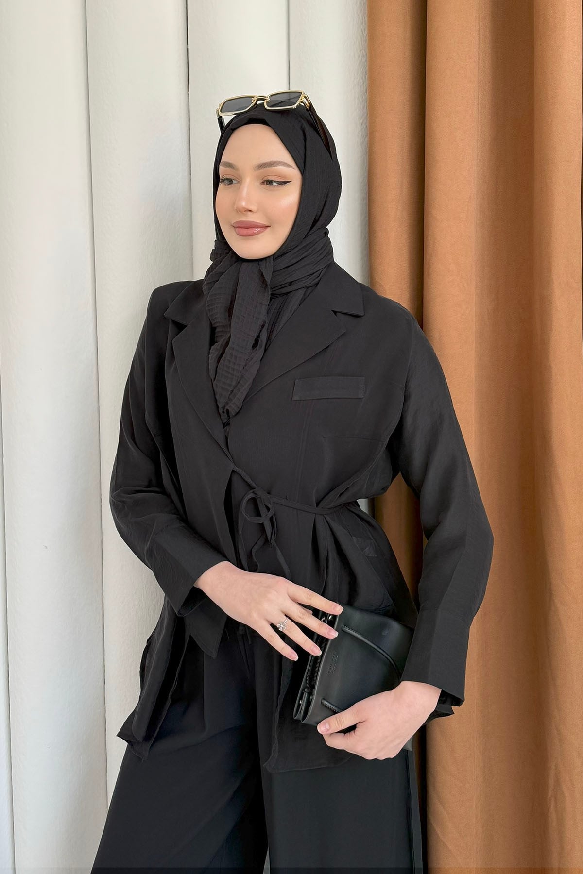 Oversize Şifon & Tül Detaylı Ceket Pantolon Tesettür Takım-SİYAH