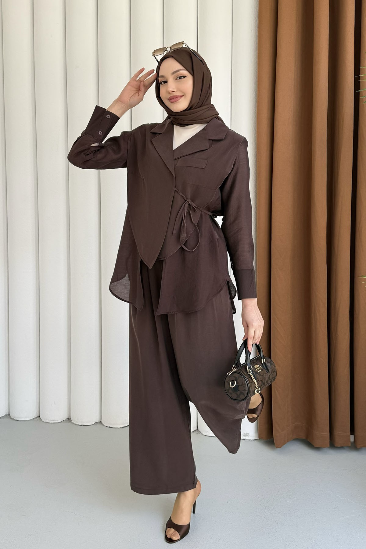 Oversize Şifon & Tül Detaylı Ceket Pantolon Tesettür Takım-KAHVERENGİ