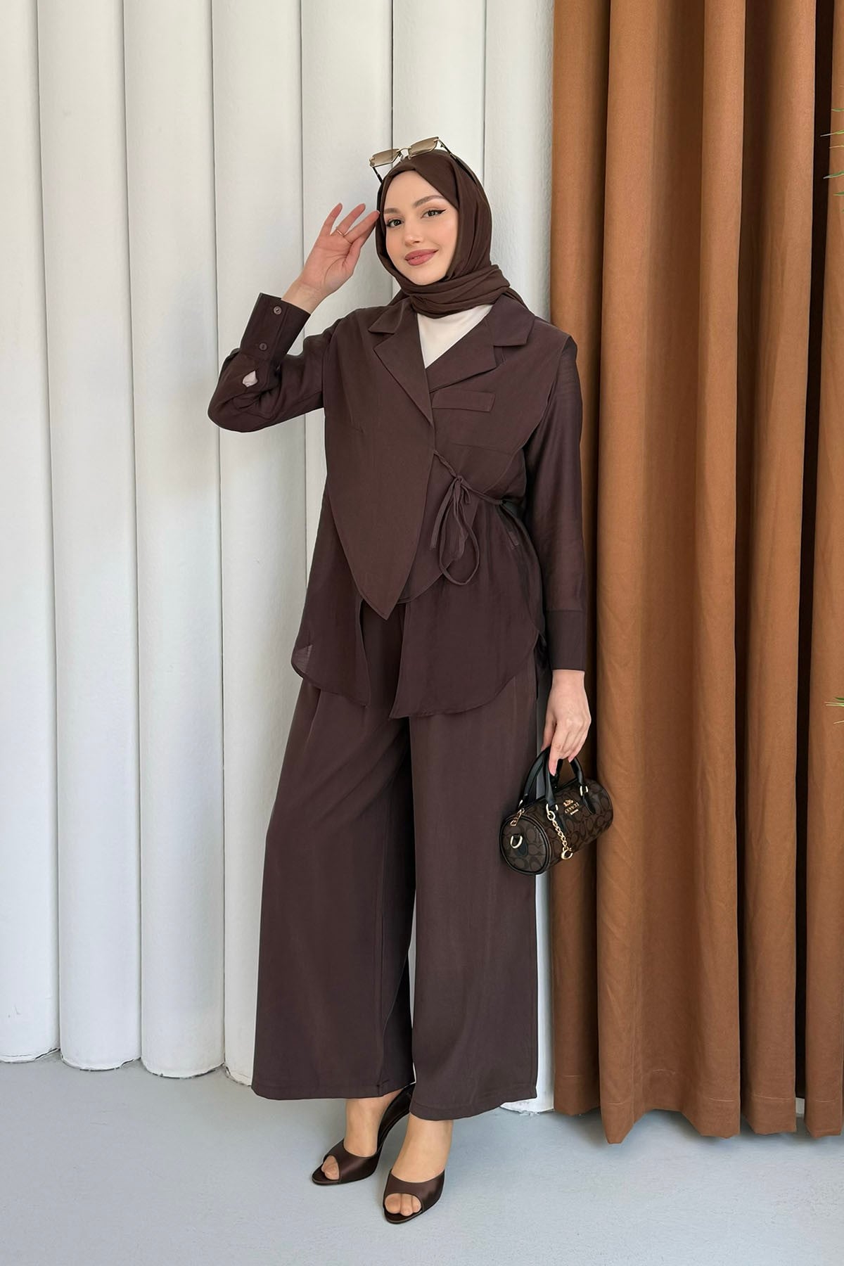 Oversize Şifon & Tül Detaylı Ceket Pantolon Tesettür Takım-KAHVERENGİ