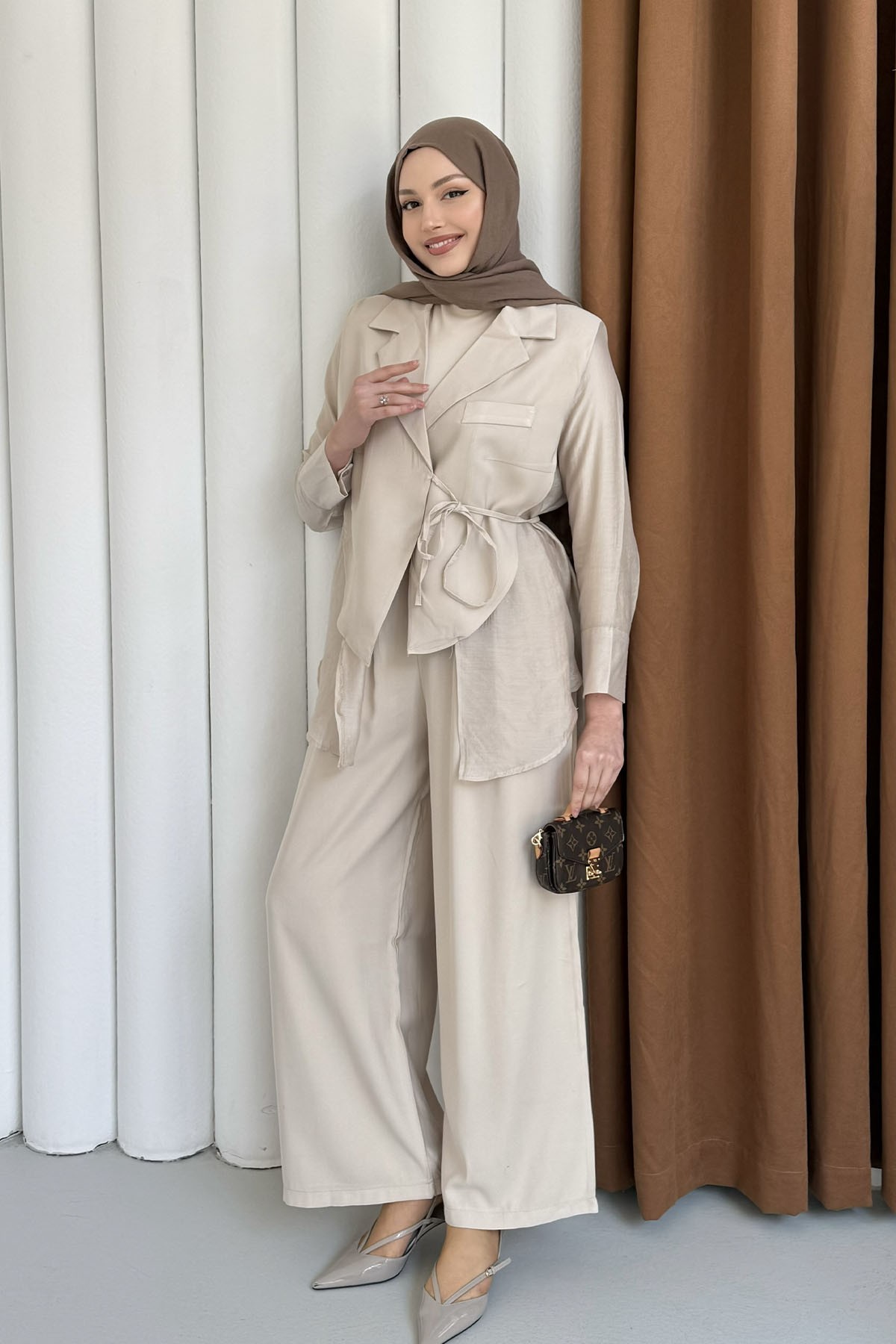 Oversize Şifon & Tül Detaylı Ceket Pantolon Tesettür Takım-TAŞ