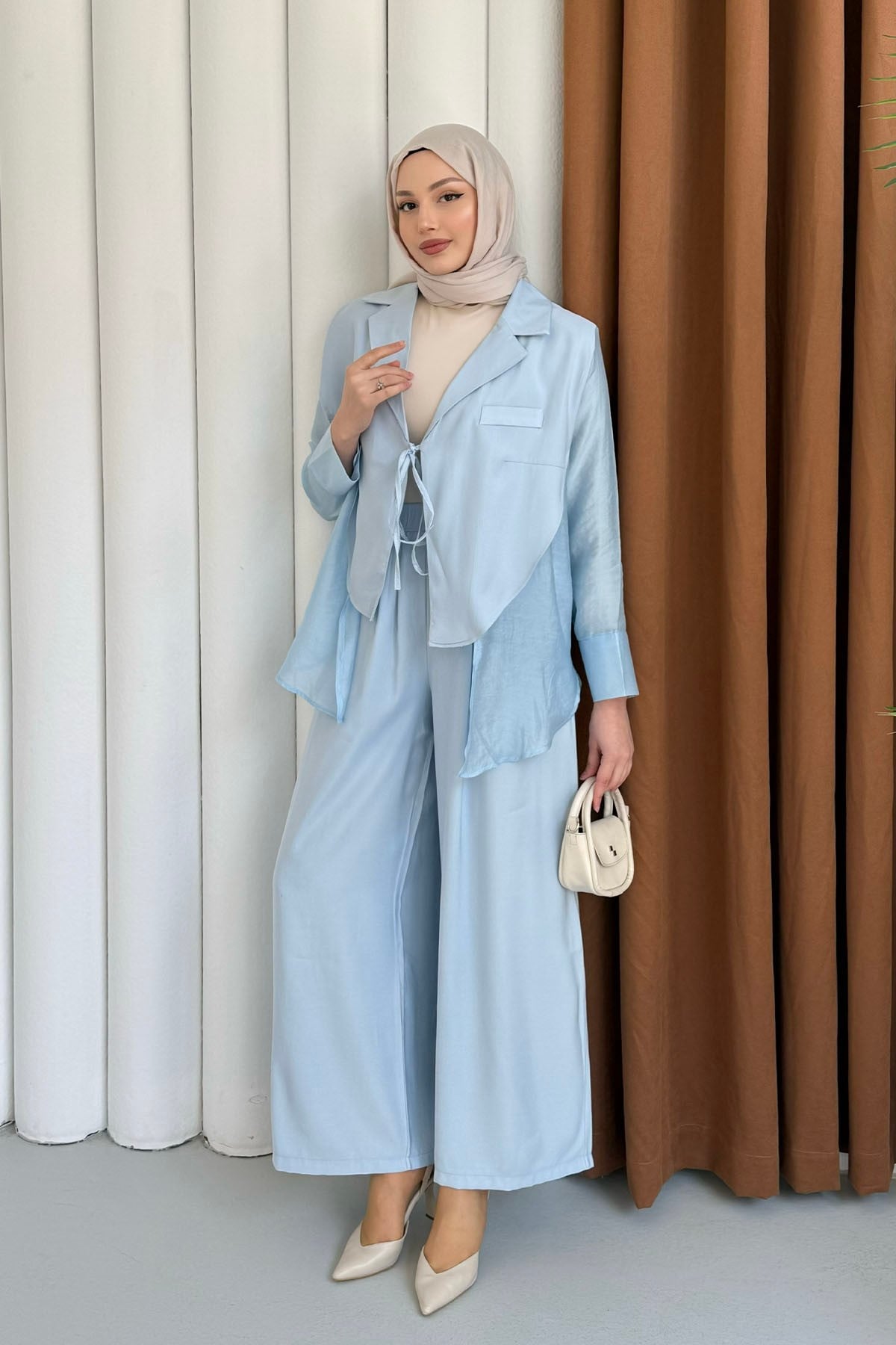 Oversize Şifon & Tül Detaylı Ceket Pantolon Tesettür Takım-BEBE MAVİ