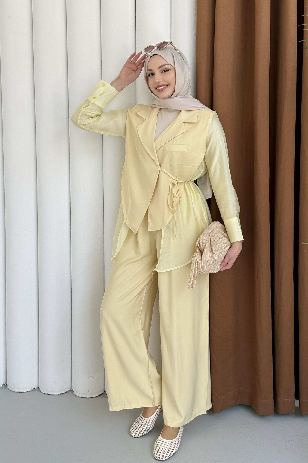 Oversize Şifon & Tül Detaylı Ceket Pantolon Tesettür Takım-SARI