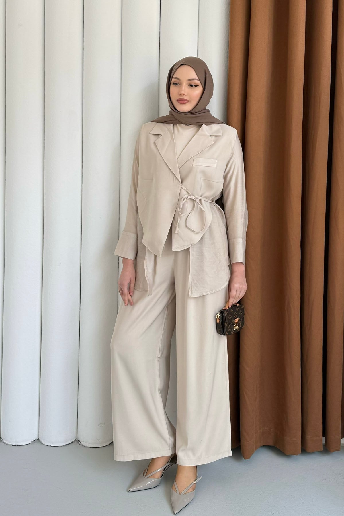 Oversize Şifon & Tül Detaylı Ceket Pantolon Tesettür Takım-TAŞ