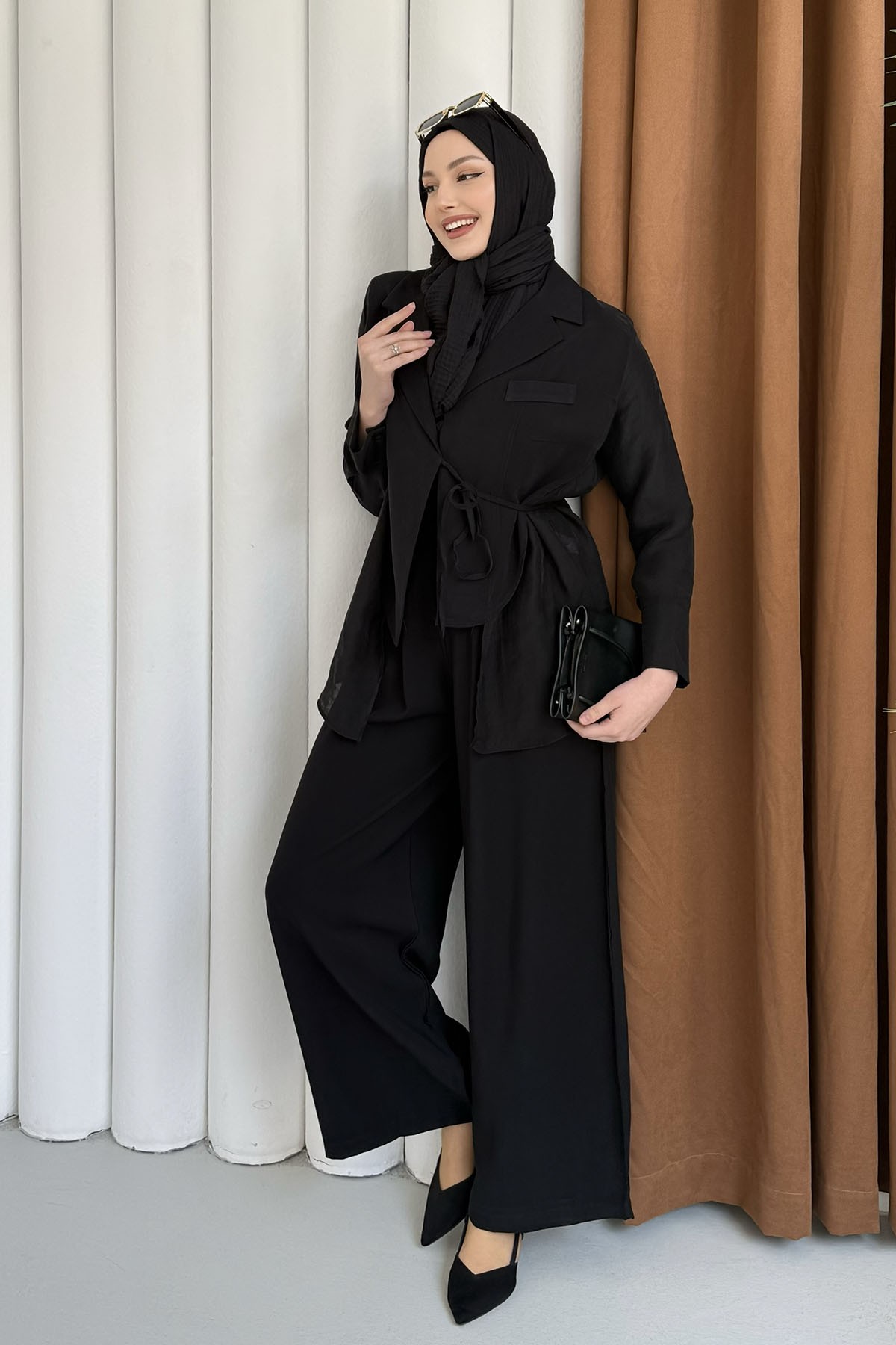 Oversize Şifon & Tül Detaylı Ceket Pantolon Tesettür Takım-SİYAH