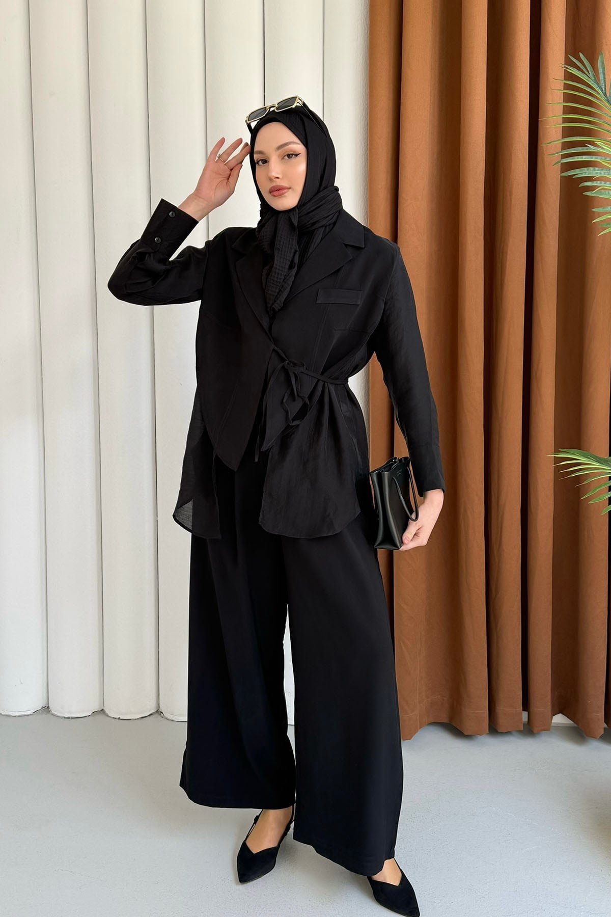 Oversize Şifon & Tül Detaylı Ceket Pantolon Tesettür Takım-SİYAH