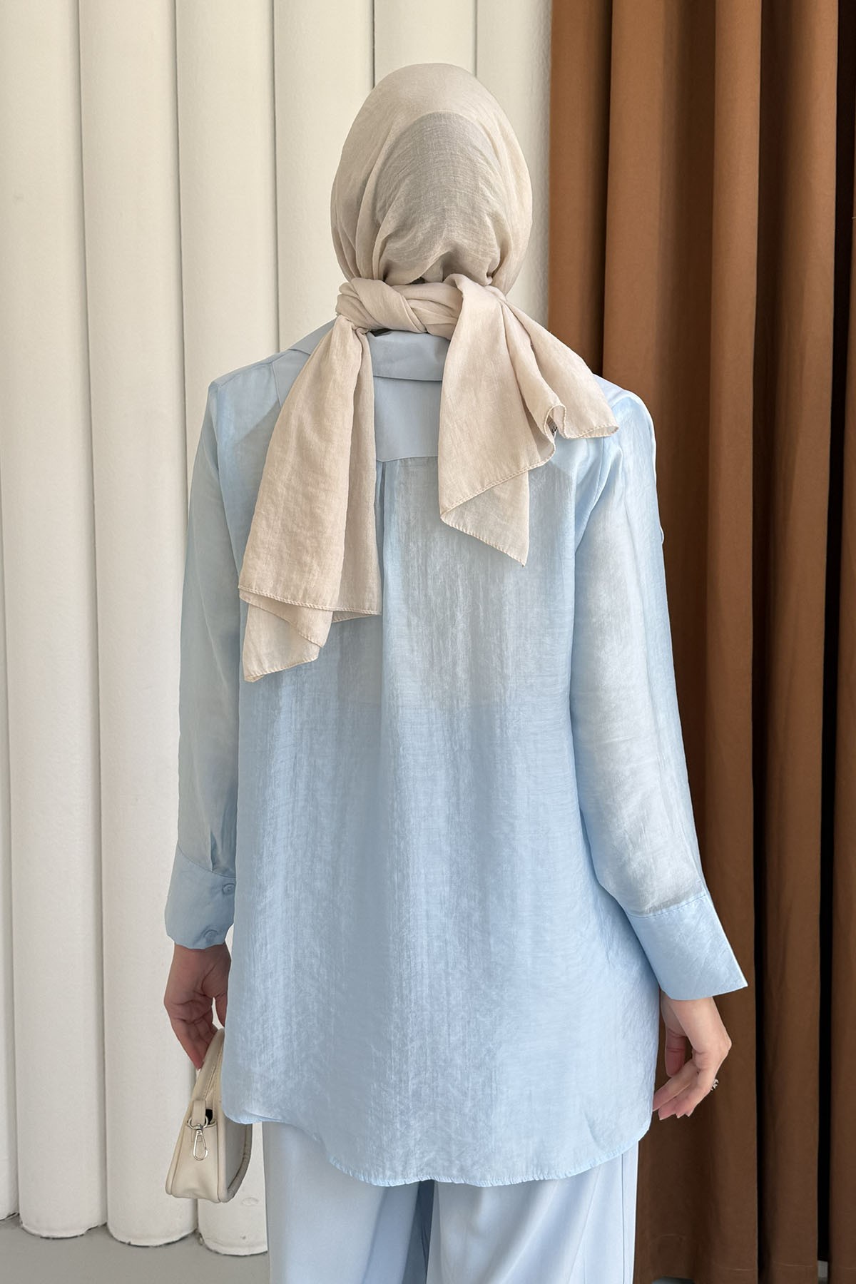 Oversize Şifon & Tül Detaylı Ceket Pantolon Tesettür Takım-BEBE MAVİ