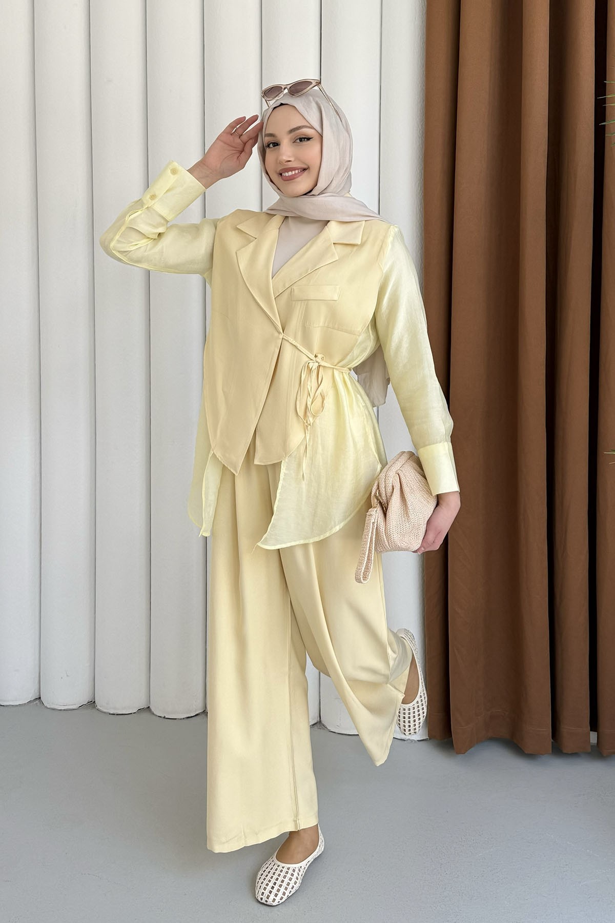 Oversize Şifon & Tül Detaylı Ceket Pantolon Tesettür Takım-SARI