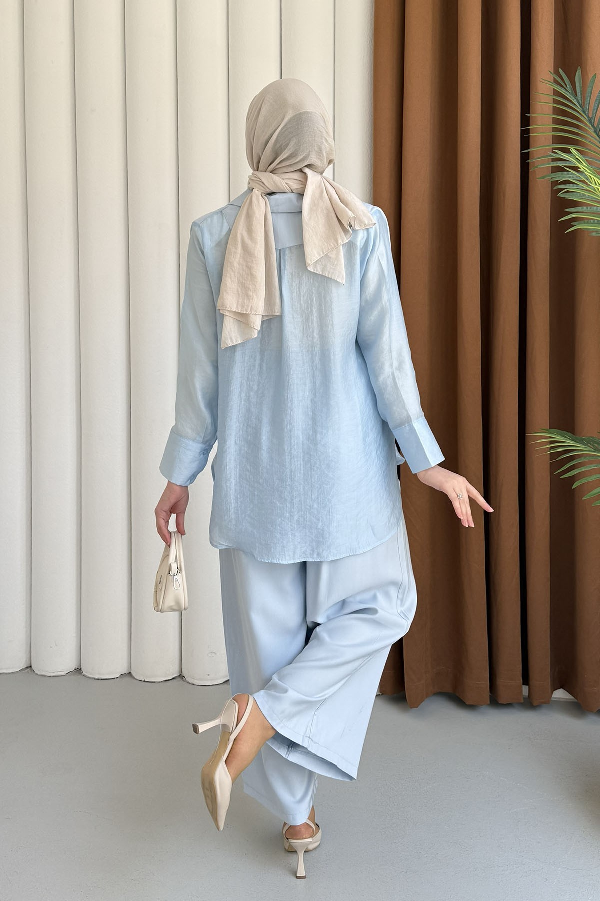 Oversize Şifon & Tül Detaylı Ceket Pantolon Tesettür Takım-BEBE MAVİ