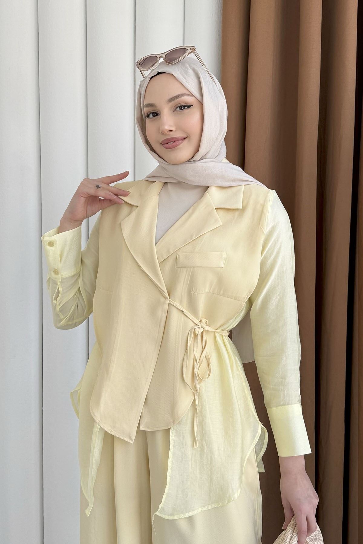 Oversize Şifon & Tül Detaylı Ceket Pantolon Tesettür Takım-SARI