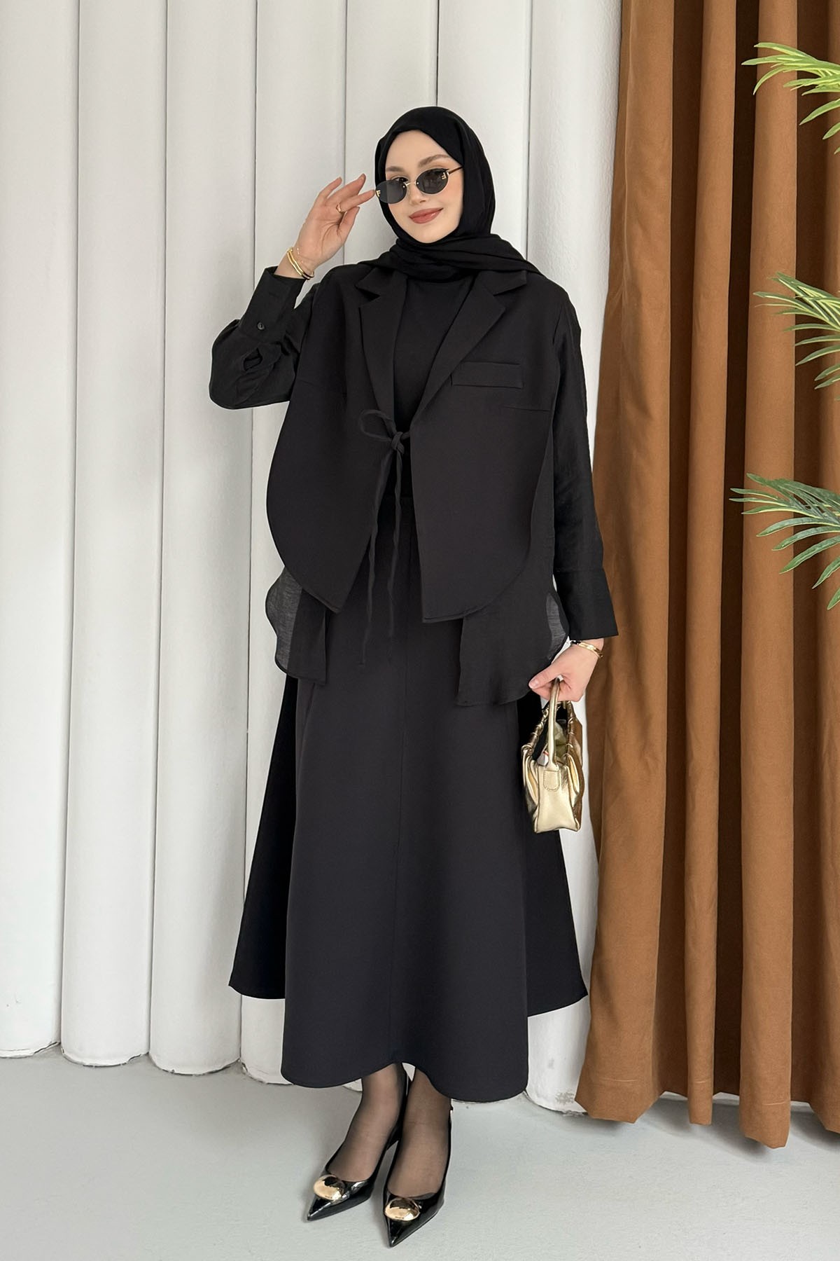 Oversize Şifon & Tül Detaylı Pamuklu Ceket-SİYAH