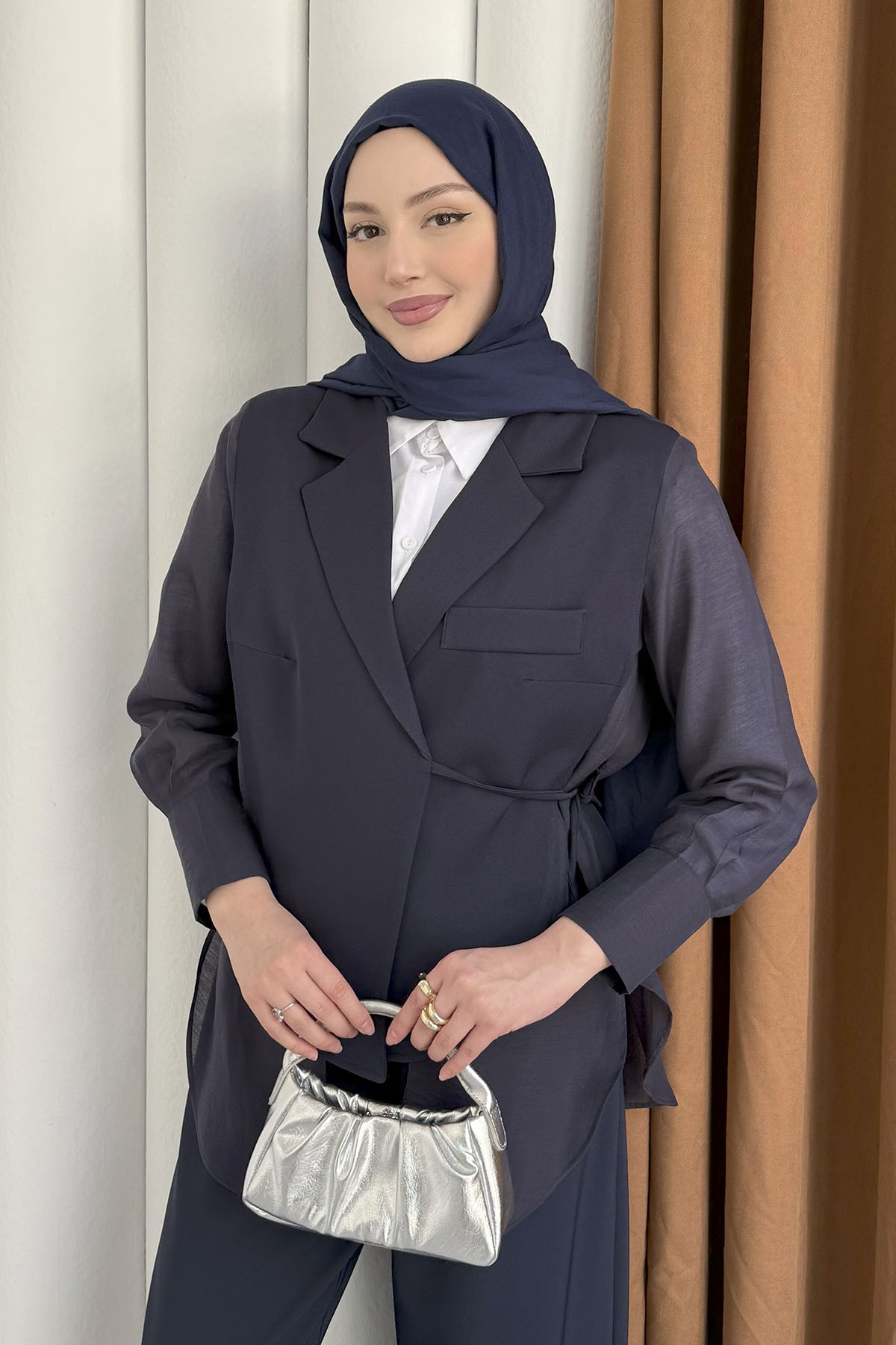 Oversize Şifon & Tül Detaylı Pamuklu Ceket-LACİVERT